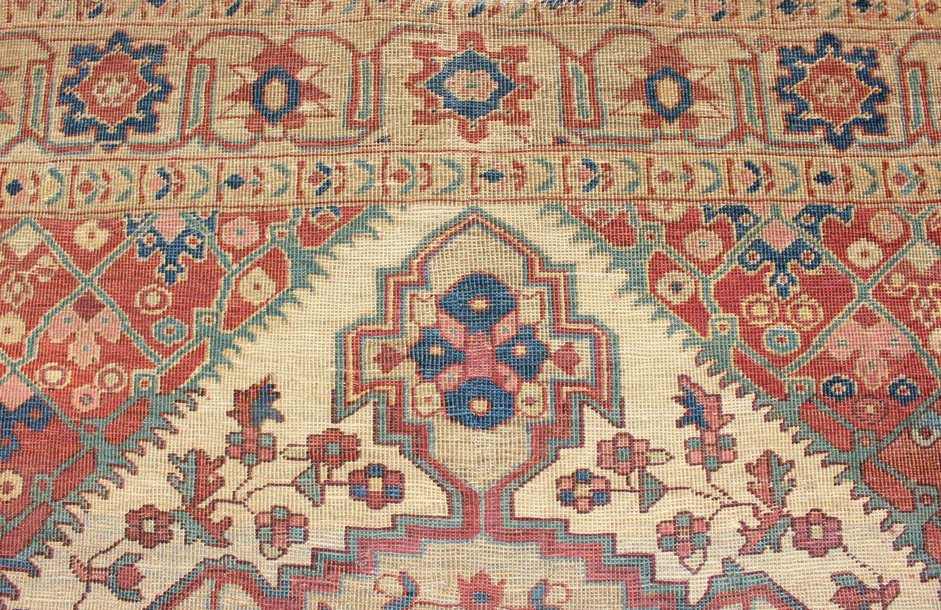 Antique Feraghan Sarouk Rug in Ivory Background, Brown Red, Camel, and Teal For Sale 2