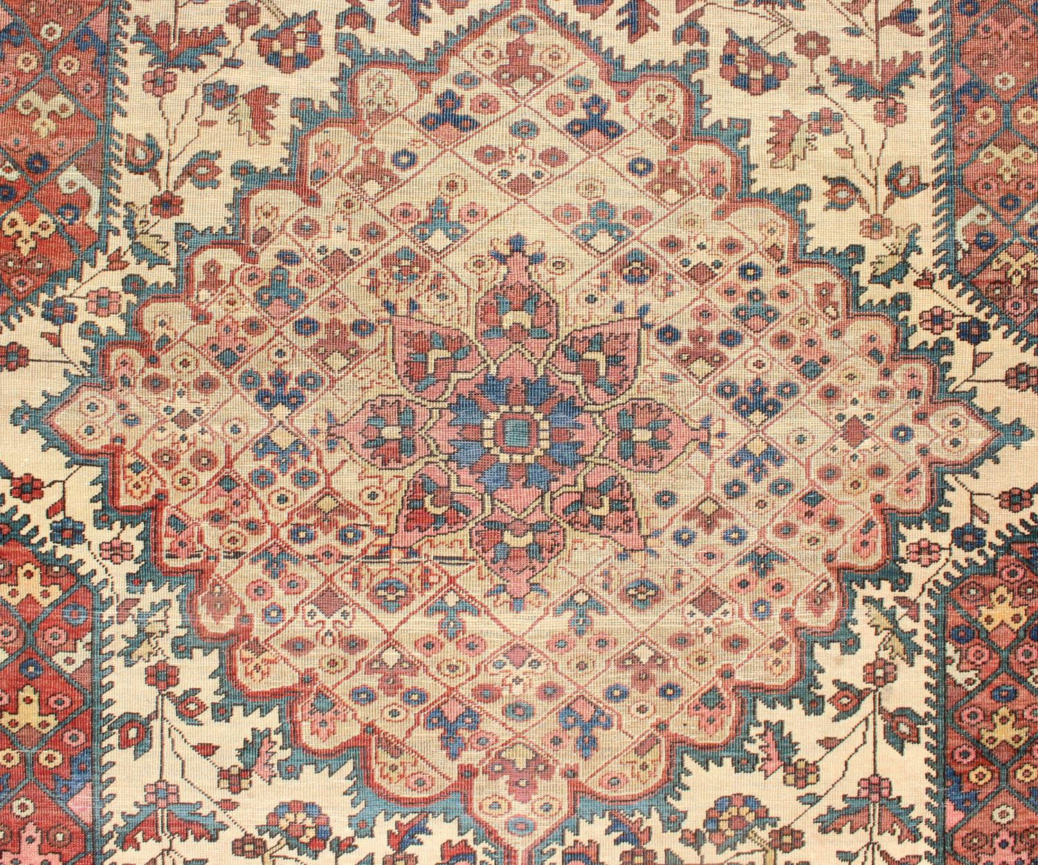 Antique Feraghan Sarouk Rug in Ivory Background, Brown Red, Camel, and Teal For Sale 3