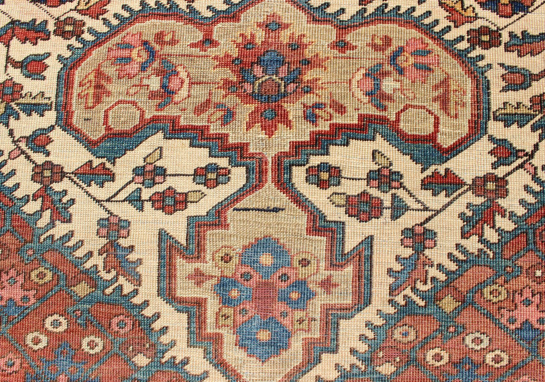 Antique Feraghan Sarouk Rug in Ivory Background, Brown Red, Camel, and Teal For Sale 4