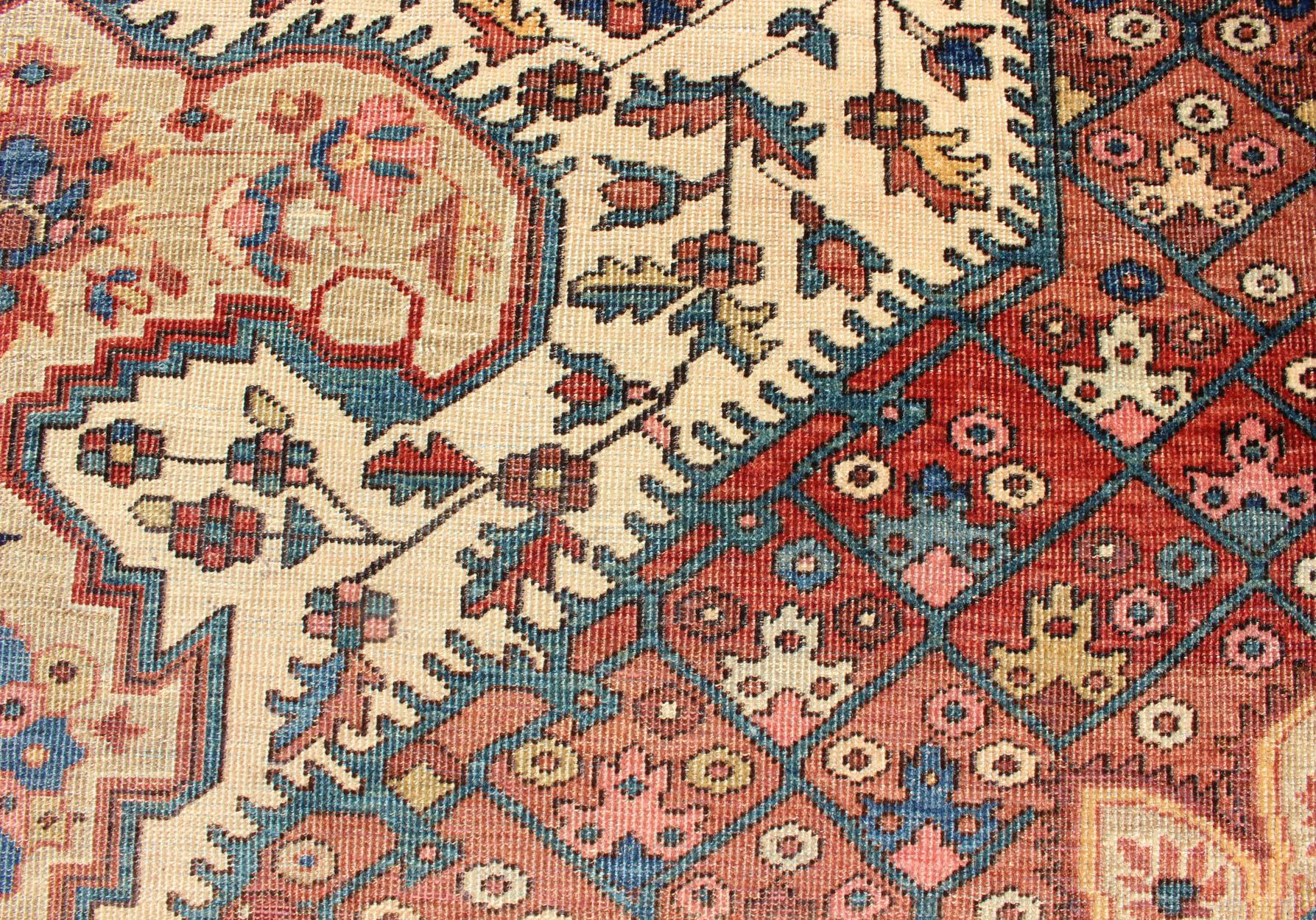 Antique Feraghan Sarouk Rug in Ivory Background, Brown Red, Camel, and Teal For Sale 5