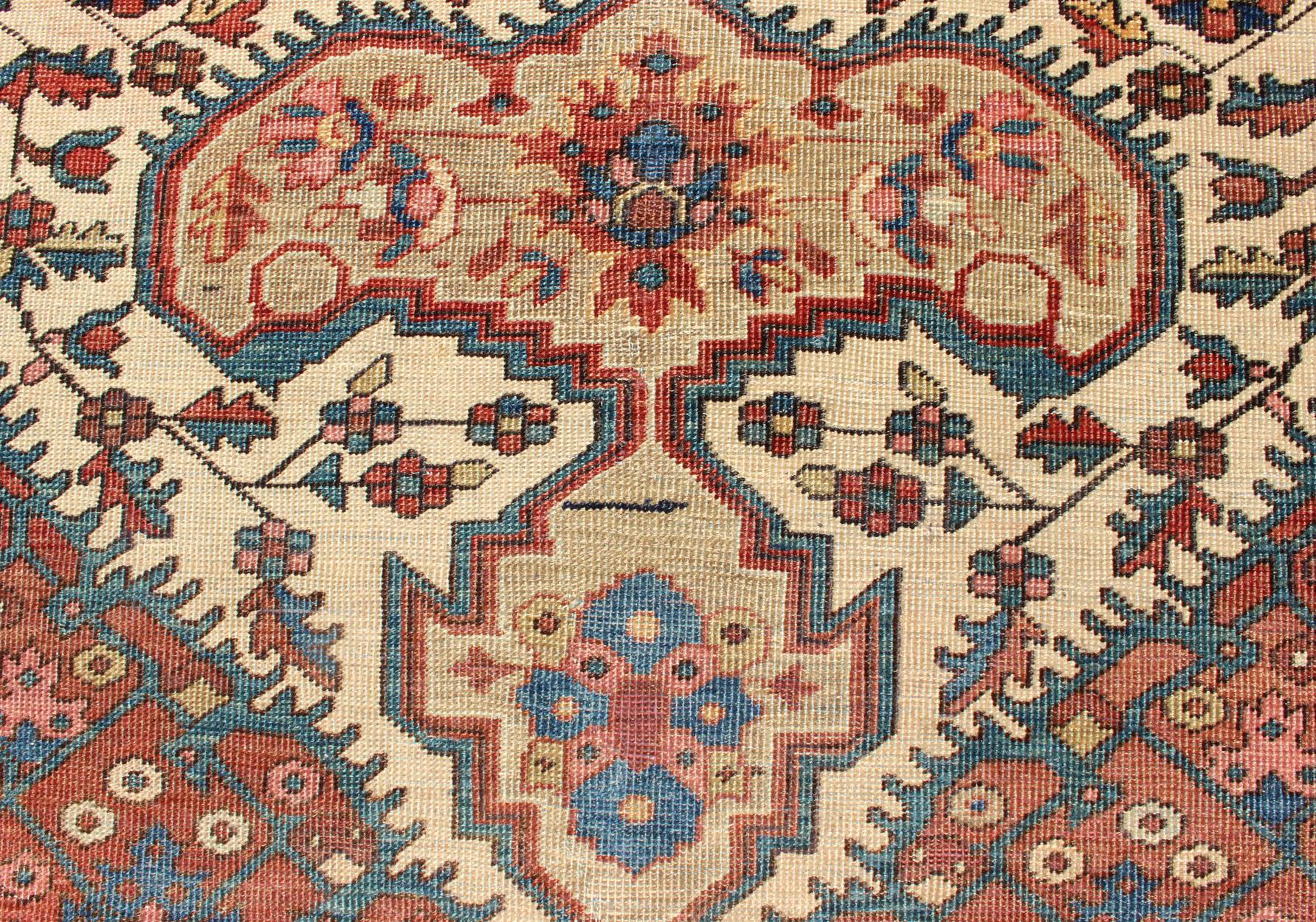 Antique Feraghan Sarouk Rug in Ivory Background, Brown Red, Camel, and Teal For Sale 6