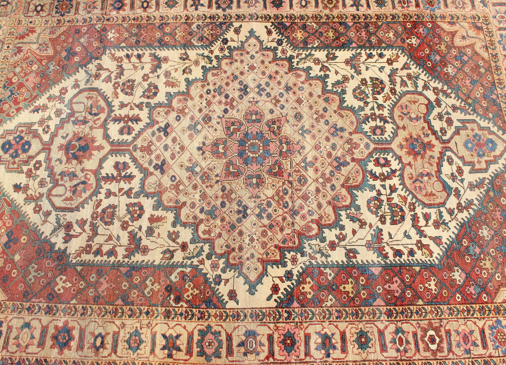 Antique Feraghan Sarouk Rug in Ivory Background, Brown Red, Camel, and Teal For Sale 6