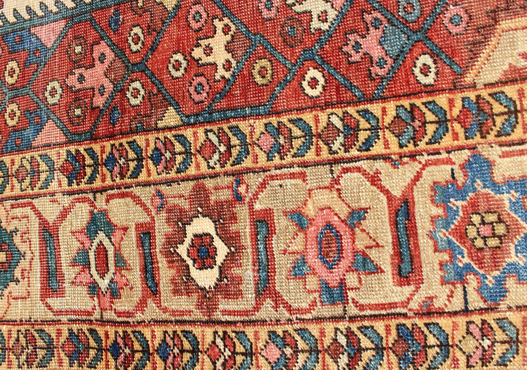 Antique Feraghan Sarouk Rug in Ivory Background, Brown Red, Camel, and Teal For Sale 7