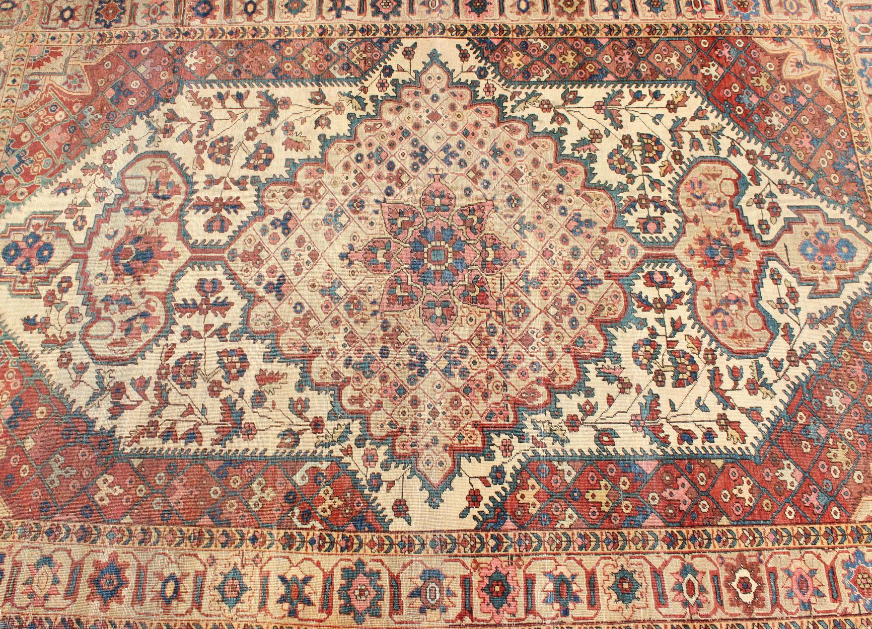 Antique Feraghan Sarouk Rug in Ivory Background, Brown Red, Camel, and Teal For Sale 8