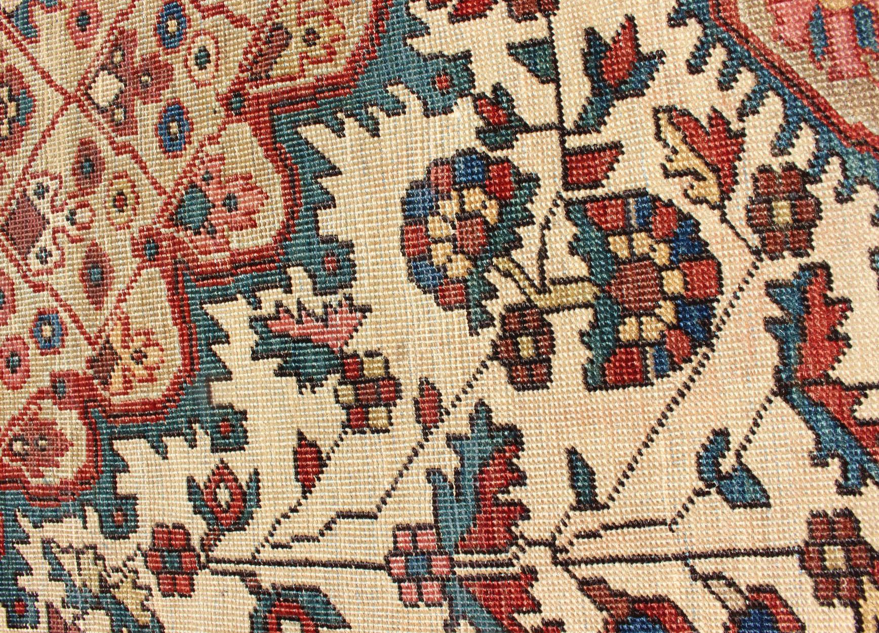 Antique Feraghan Sarouk Rug in Ivory Background, Brown Red, Camel, and Teal For Sale 9