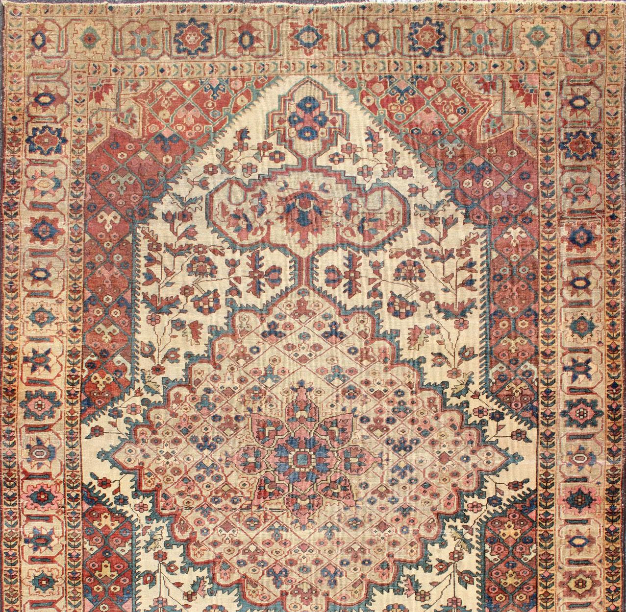 Antique Feraghan Sarouk Rug in Ivory Background, Brown Red, Camel, and Teal For Sale 10