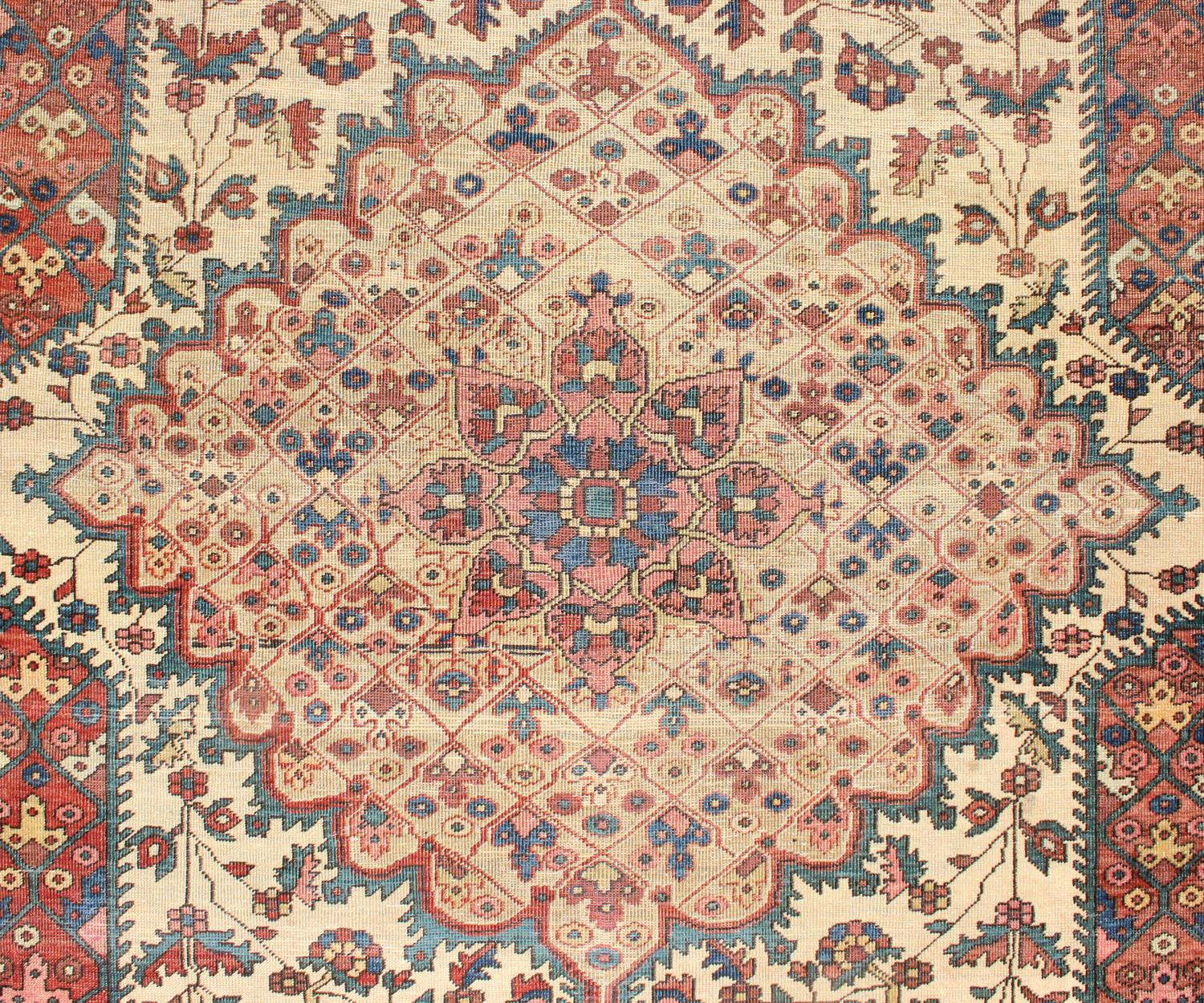 Antique Feraghan Sarouk Rug in Ivory Background, Brown Red, Camel, and Teal For Sale 1