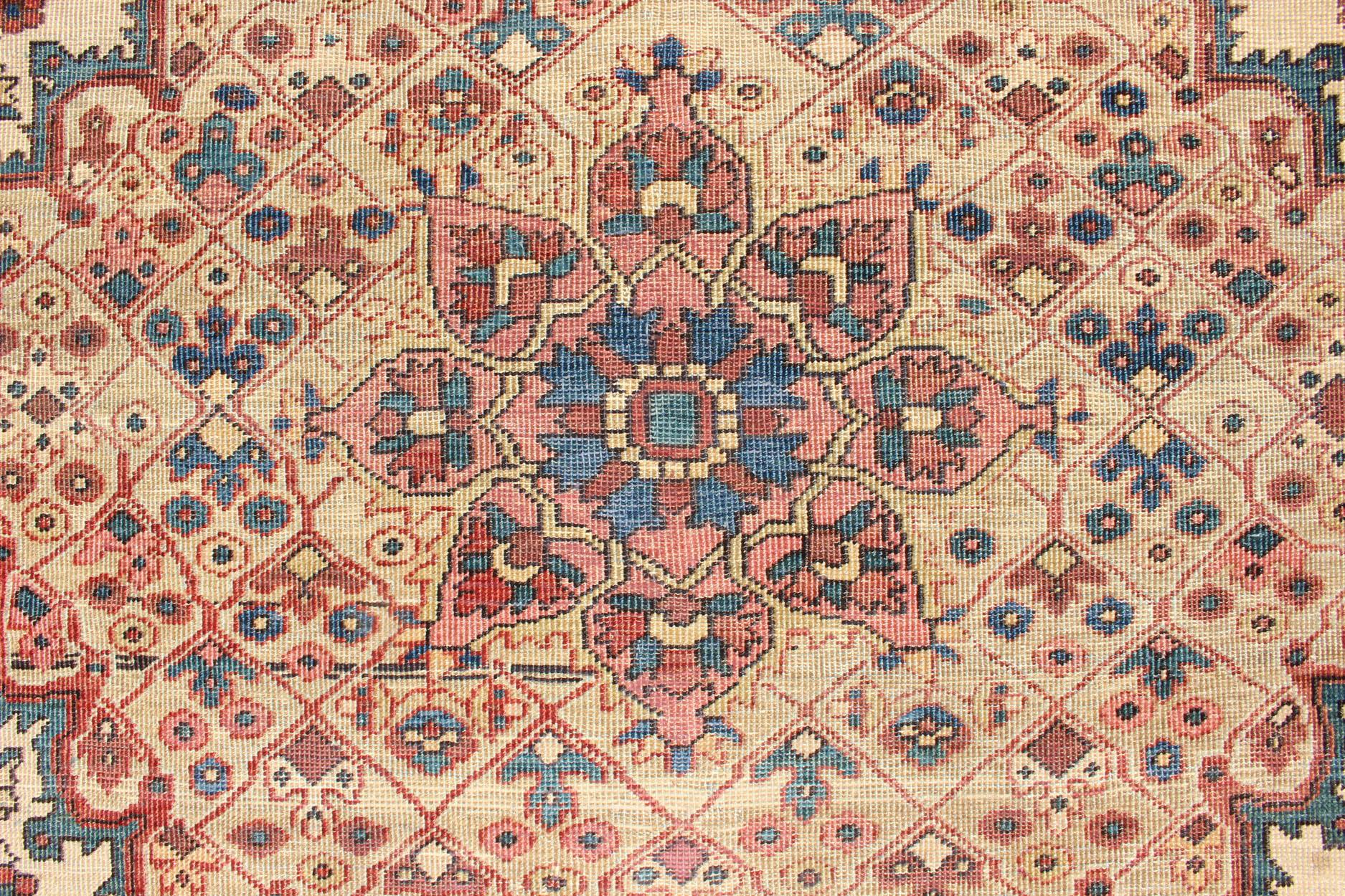 Antique Feraghan Sarouk Rug in Ivory Background, Brown Red, Camel, and Teal For Sale 2