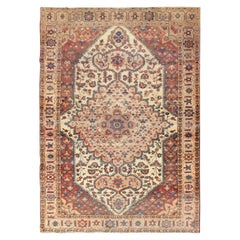 Antique Feraghan Sarouk Rug in Ivory Background, Brown Red, Camel, and Teal