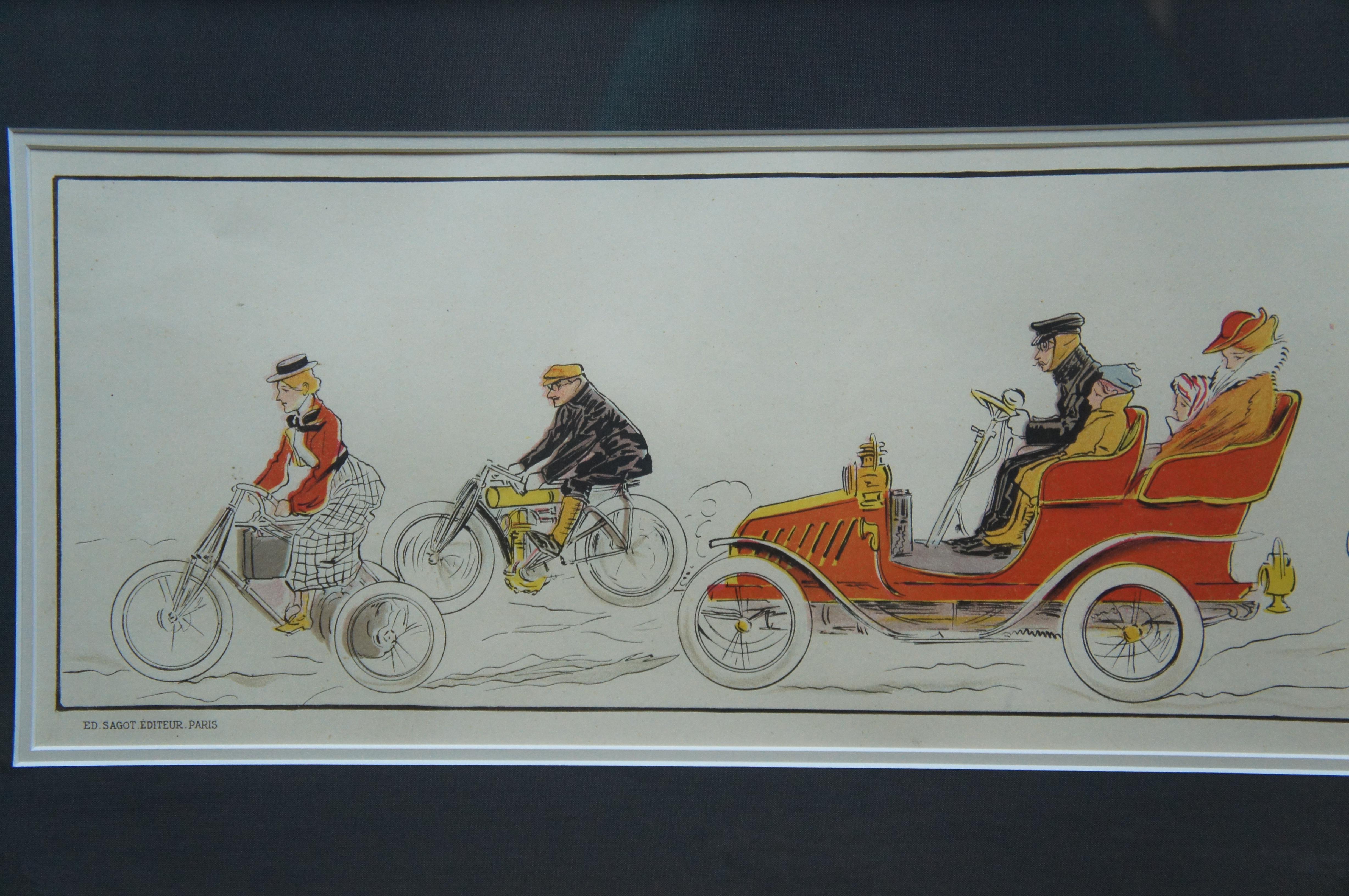 Paper Antique Fernand Fernel French Automobiles Bicycle Motorcycle Lithograph Print For Sale