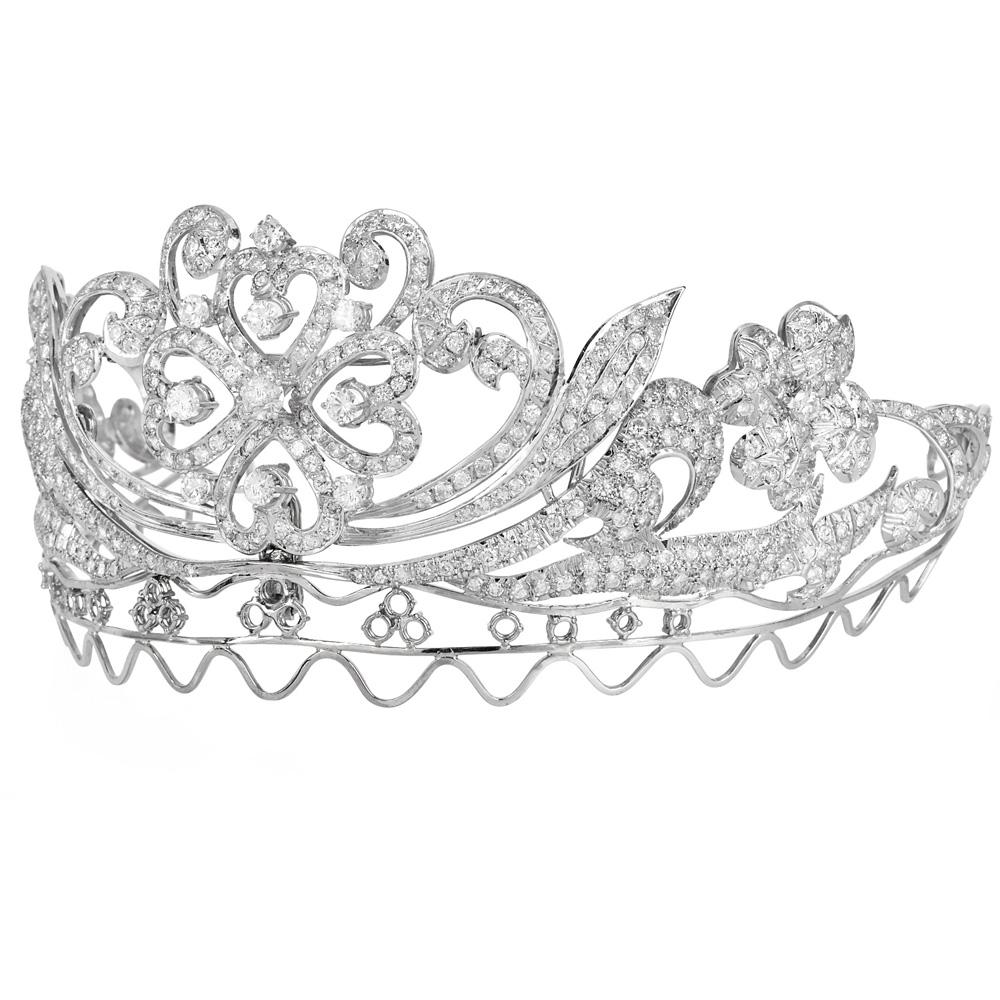 Retro Antique Fernch Floral  Diamond Platinum Wedding Tiara For Sale