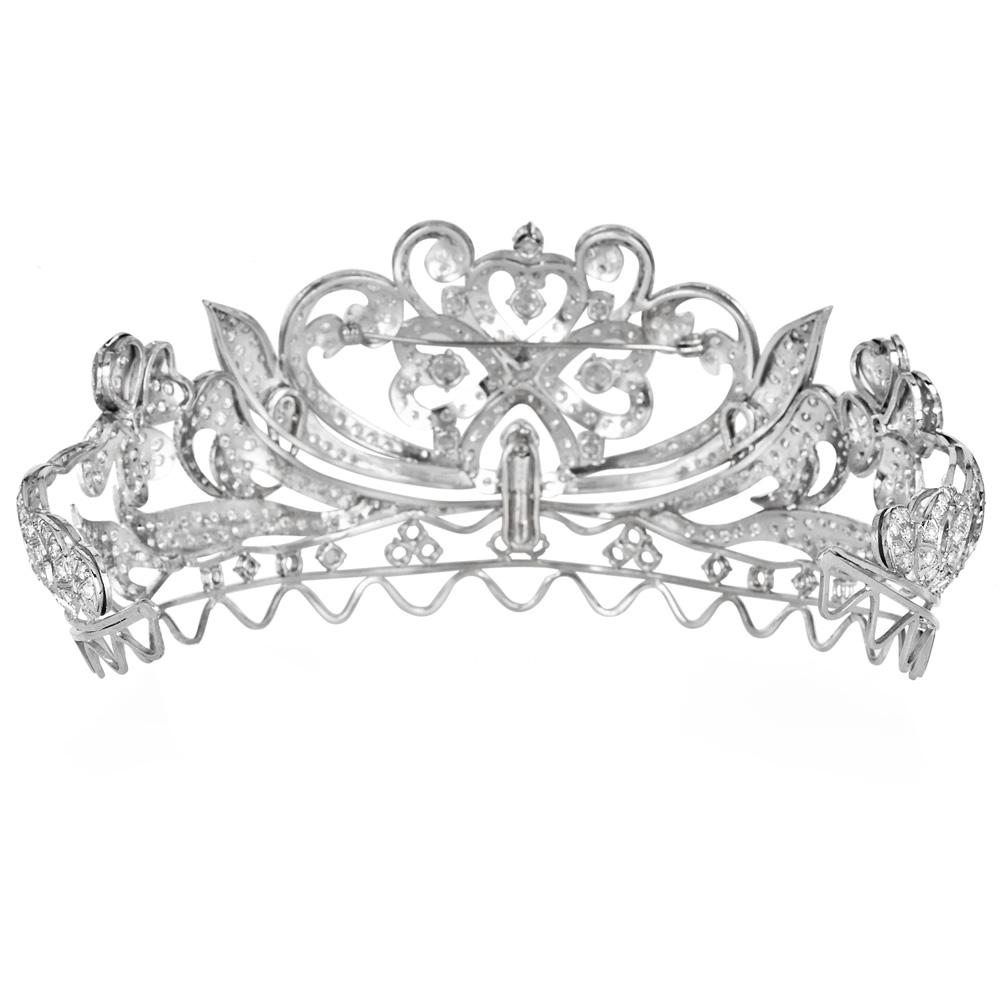 Round Cut Antique Fernch Floral  Diamond Platinum Wedding Tiara For Sale