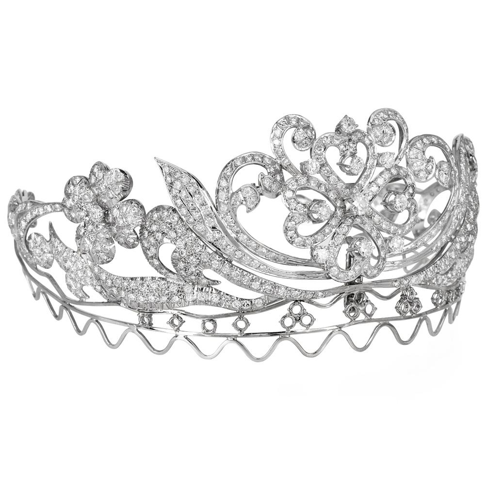Antique Fernch Floral  Diamond Platinum Wedding Tiara In Excellent Condition For Sale In Miami, FL