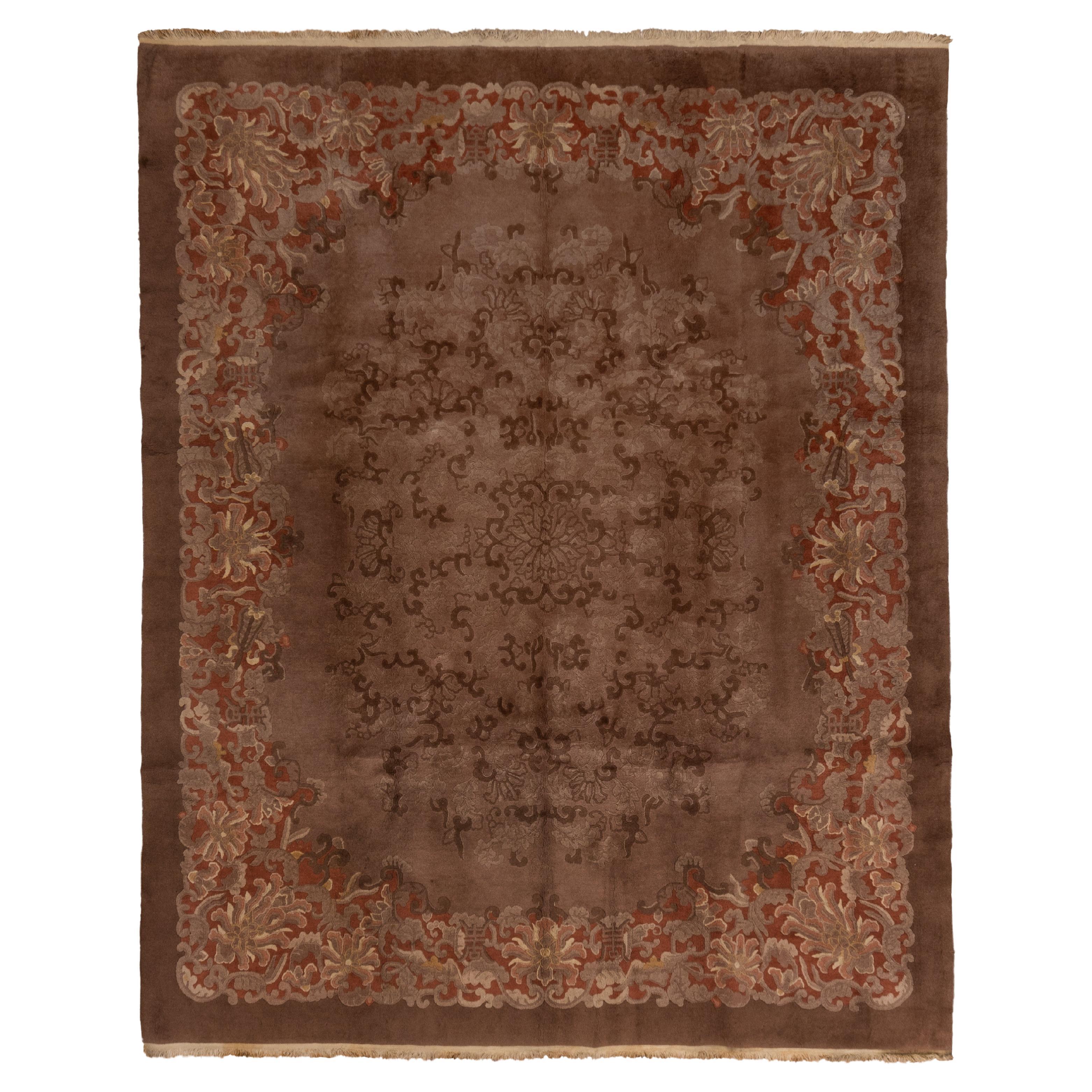 Antique Fette Chinese Rug with Light Brown Tone on Tone Colors For Sale