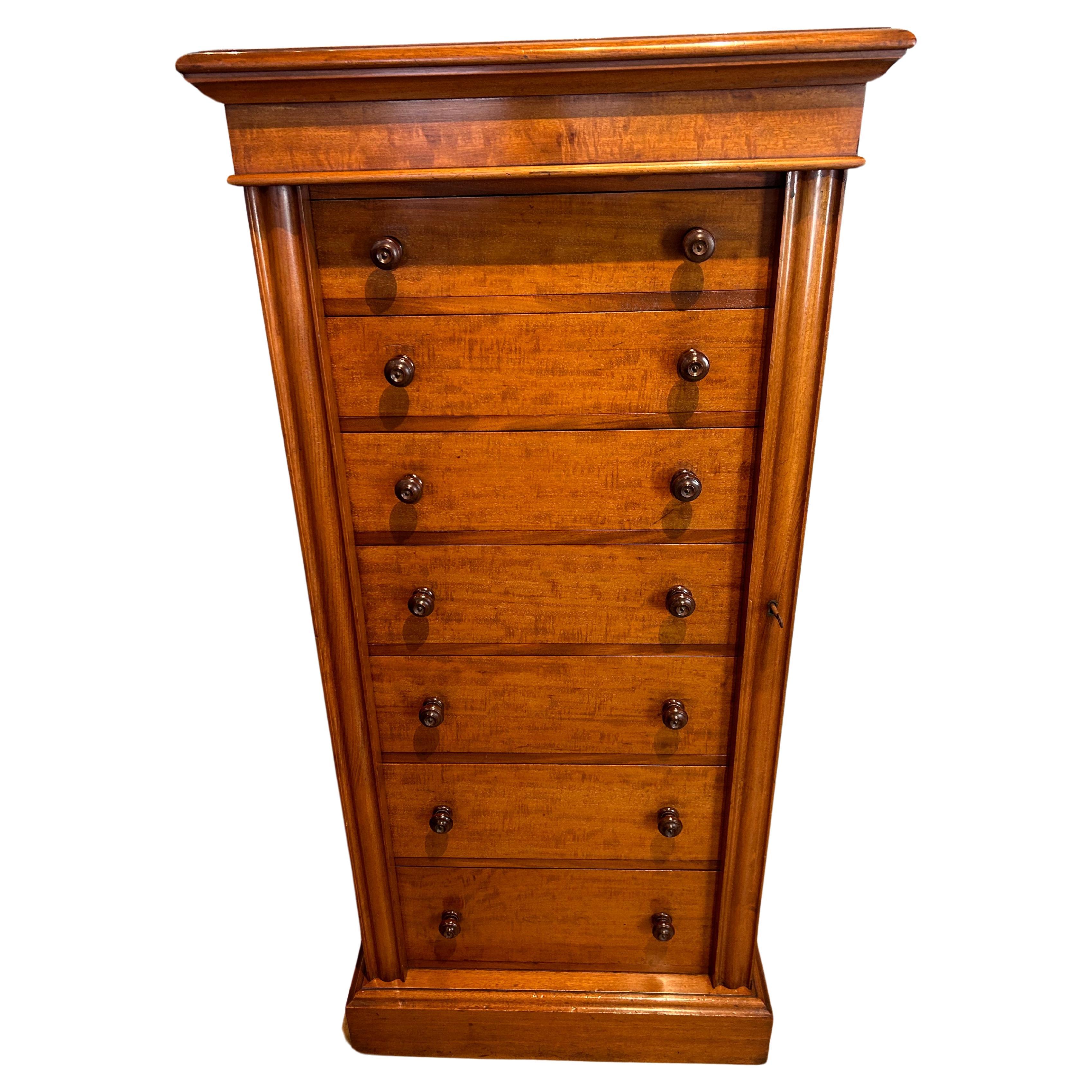 Antique Fiddleback Mahogany Seven Drawer Lockable Wellington Chest c1850