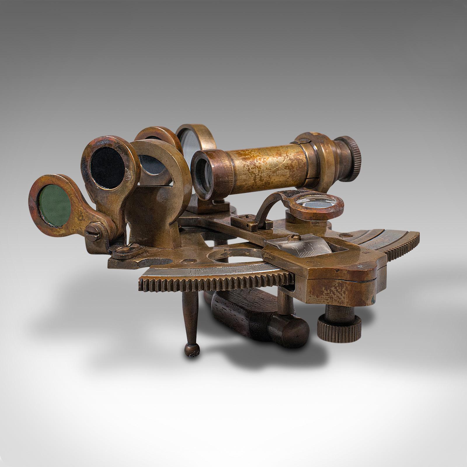 This is an antique field sextant. An English, brass military surveying instrument, by Stanley of London, dating to the Victorian period, circa 1880.

Appealing Victorian scientific instrument with fascinating forms
Displays a desirable aged