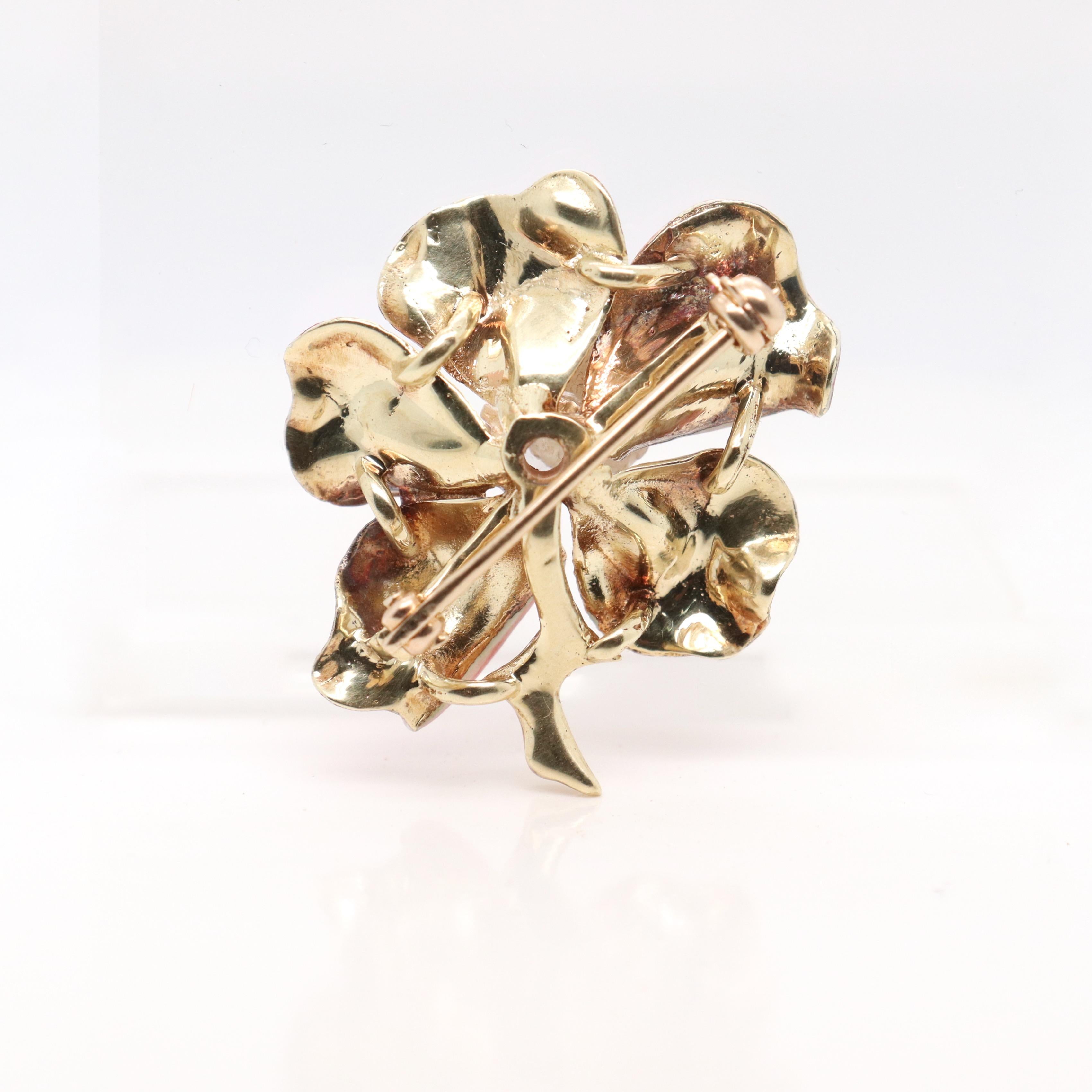 Antique Figural 14k Gold, Enamel, & Rose Cut Diamond Pansy Brooch or Pin 9