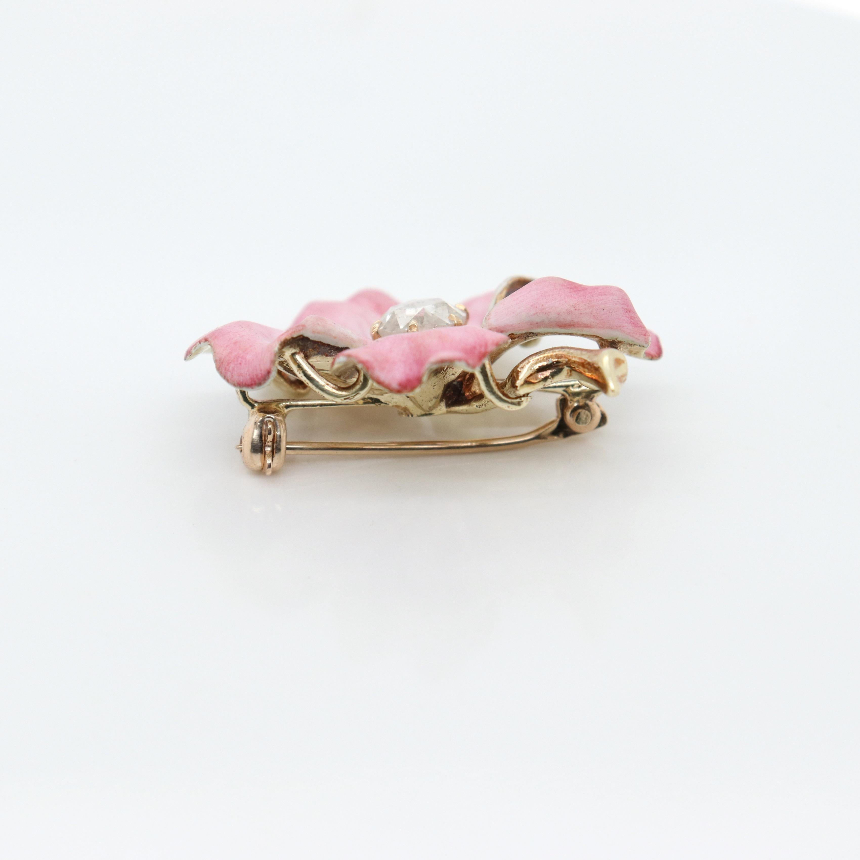 Women's Antique Figural 14k Gold, Enamel, & Rose Cut Diamond Pansy Brooch or Pin