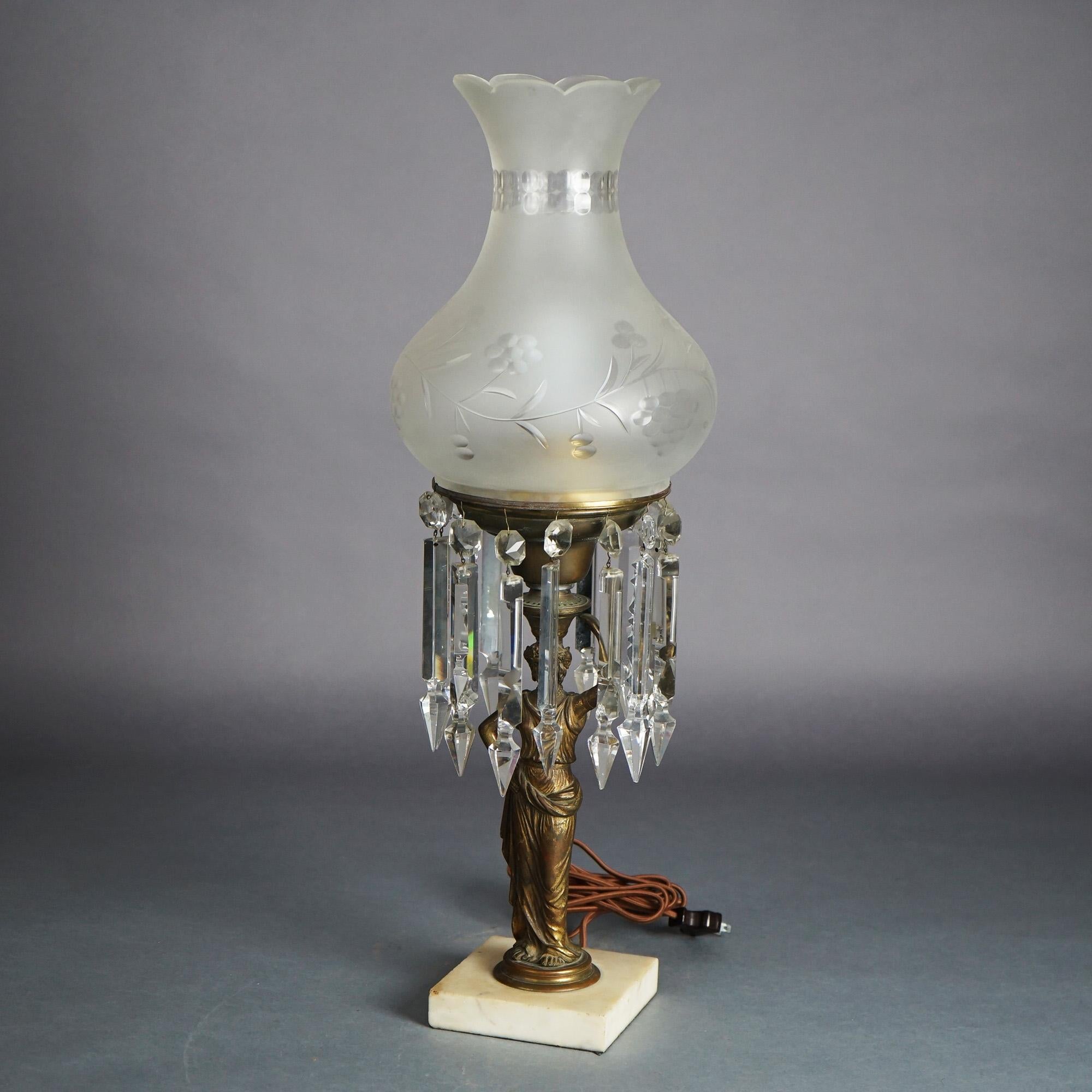 Antique Figural Argand Sinumbra Bronze, Brass & Crystal Prism Solar Lamp with Floral Etched Opalescent Shade and Female Form Base, Electrified, c1840

Measures - 25.5