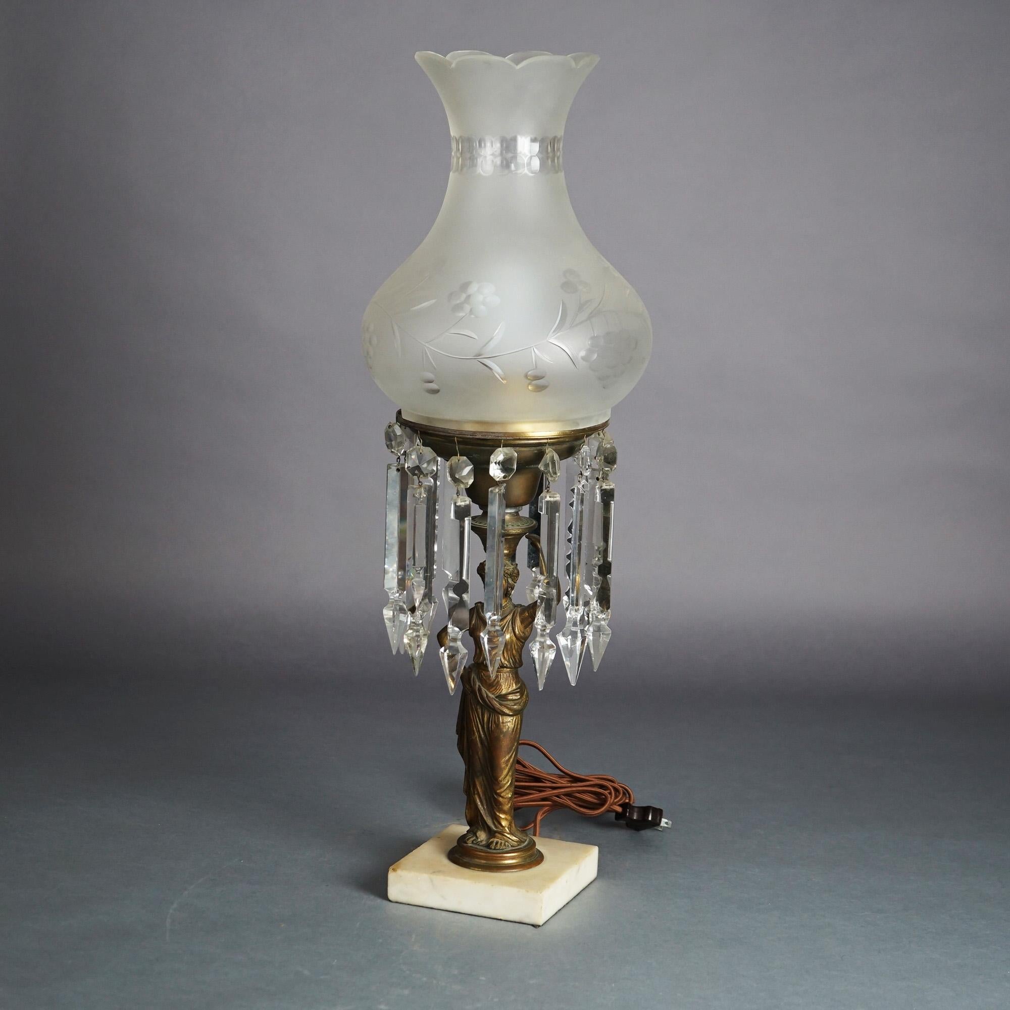 American Antique Figural Argand Sinumbra Bronze, Brass & Crystal Solar Lamp, Electrified