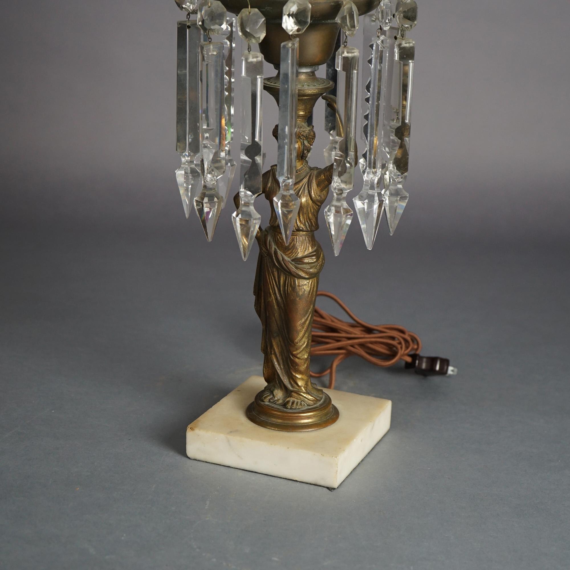 Cast Antique Figural Argand Sinumbra Bronze, Brass & Crystal Solar Lamp, Electrified