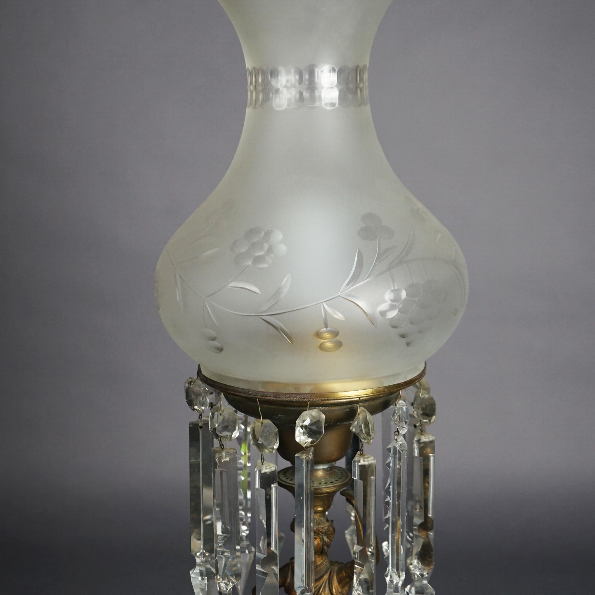 Antique Figural Argand Sinumbra Bronze, Brass & Crystal Solar Lamp, Electrified In Good Condition In Big Flats, NY