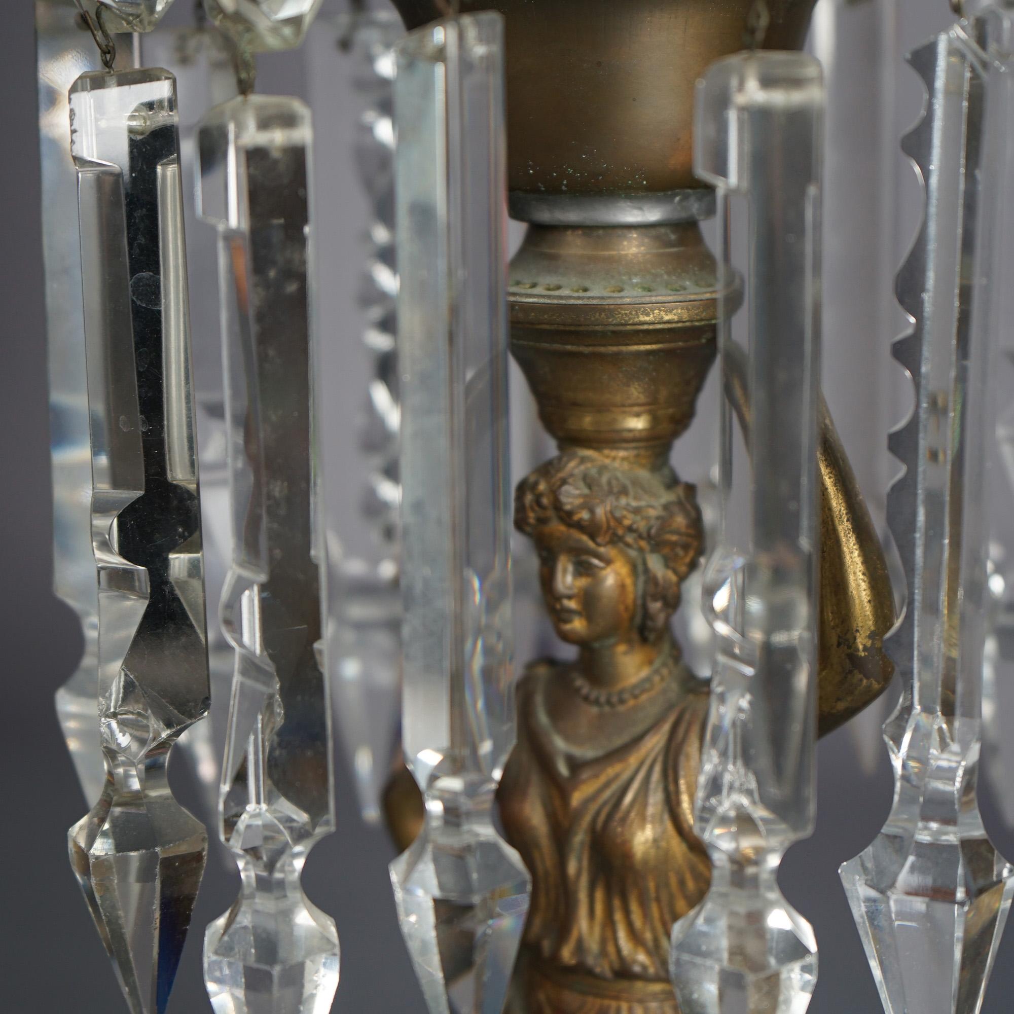 Antique Figural Argand Sinumbra Bronze, Brass & Crystal Solar Lamp, Electrified 1