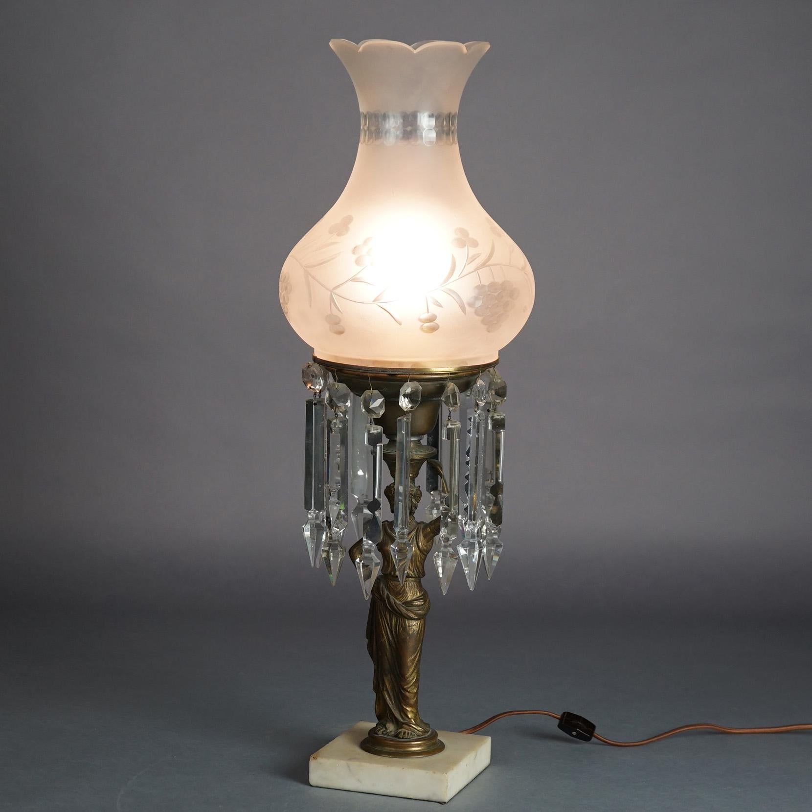 Antique Figural Argand Sinumbra Bronze, Brass & Crystal Solar Lamp, Electrified 3