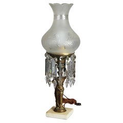 Antique Figural Argand Sinumbra Bronze, Brass & Crystal Solar Lamp, Electrified