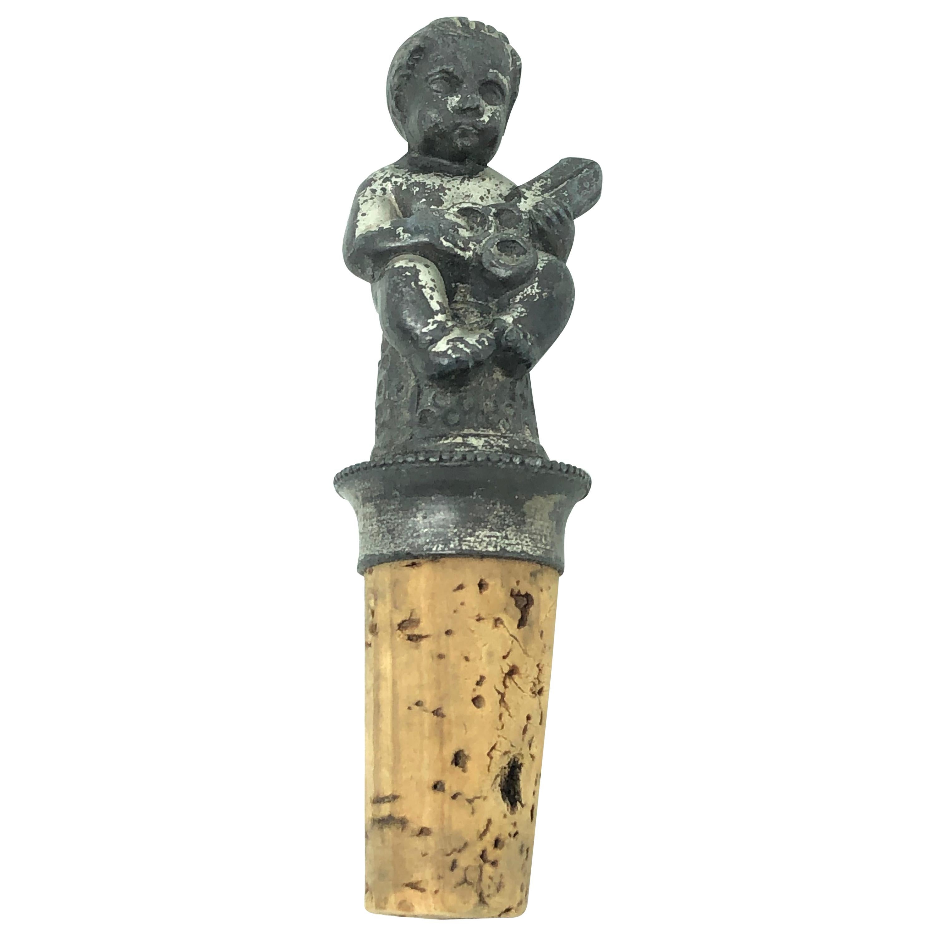 Antique Figural Boy Tailor Metal Wine Decanter Bottle Stopper and Cork, German For Sale