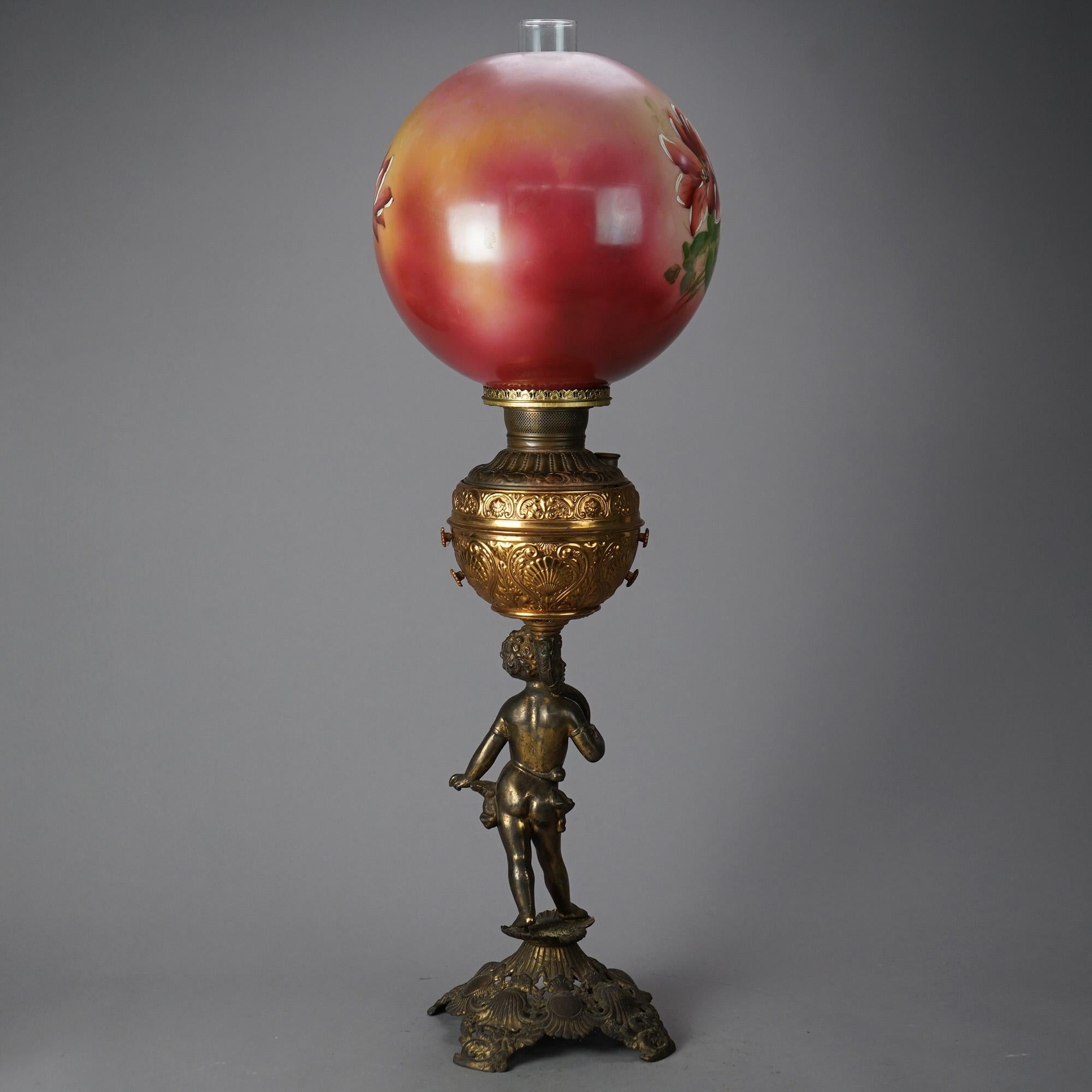 Lampe figurative ancienne en laiton et métal doré avec abat-jour peint à la main, vers 1890 en vente 7