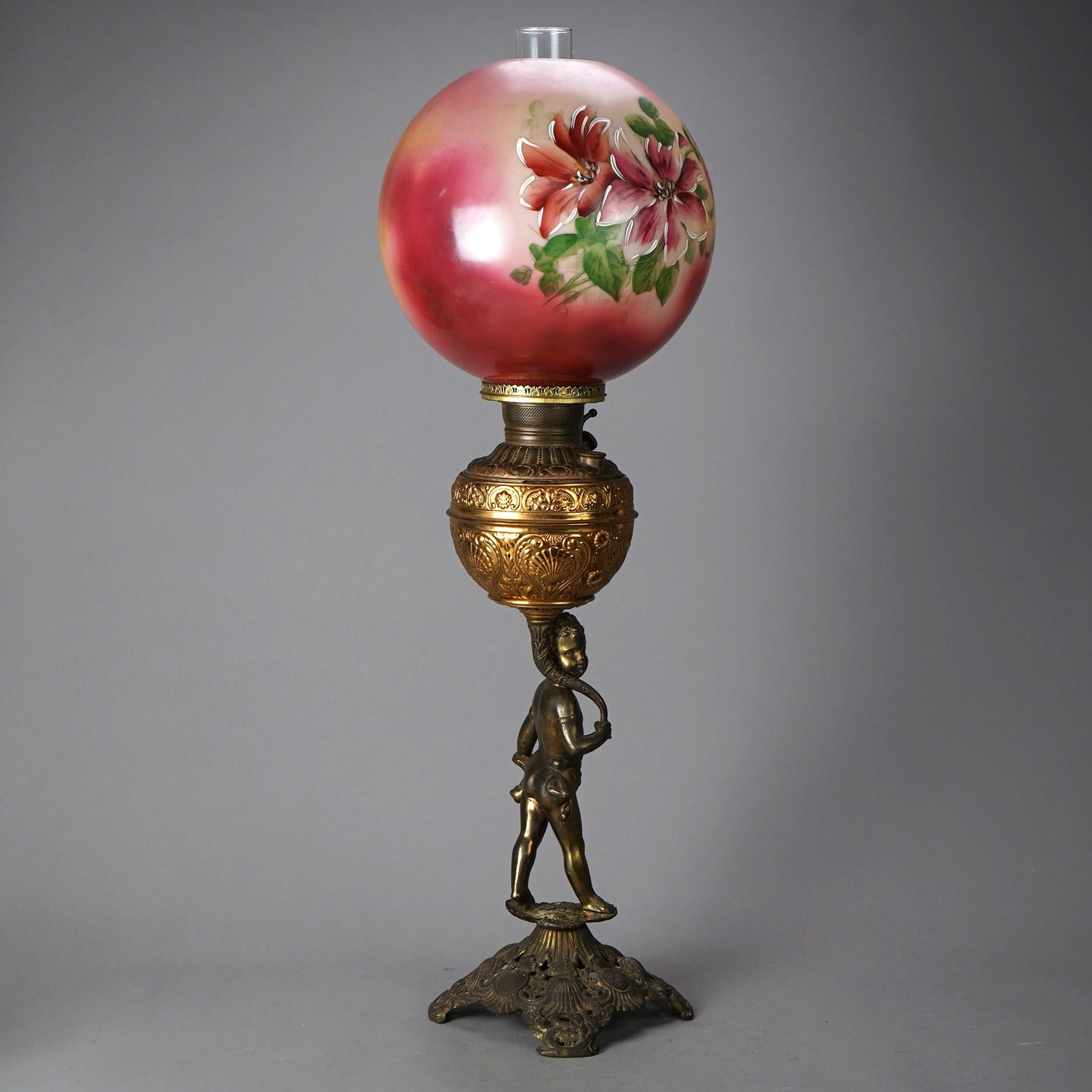Antike figurale Lampe aus Messing und vergoldetem Metall mit handbemalter Schirm, um 1890 im Angebot 9