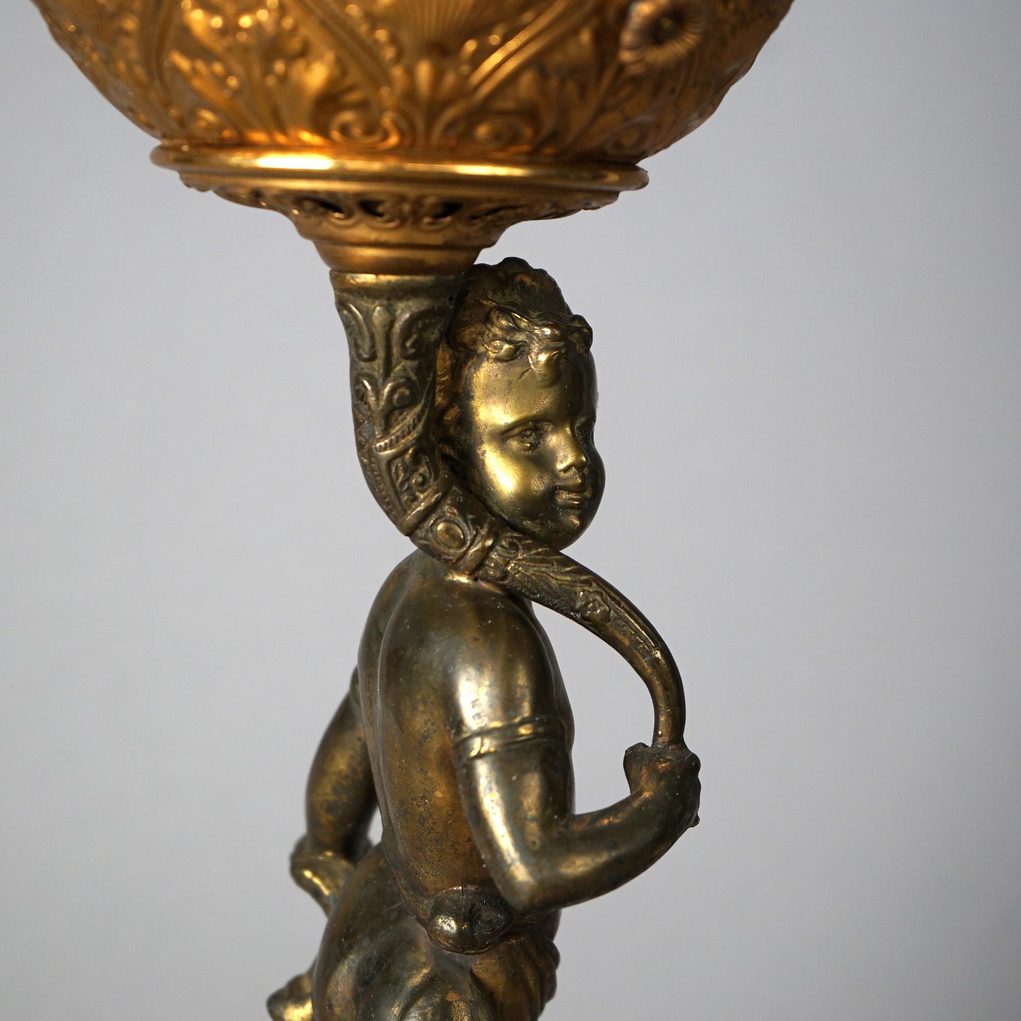 Antique Figural Brass & Gilt Metal Lamp with Hand Painted Shade c1890 For Sale 11