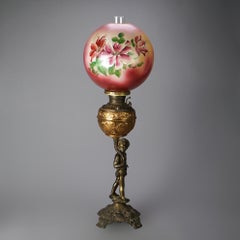 Antique Figural Brass & Gilt Metal Lamp with Hand Painted Shade c1890