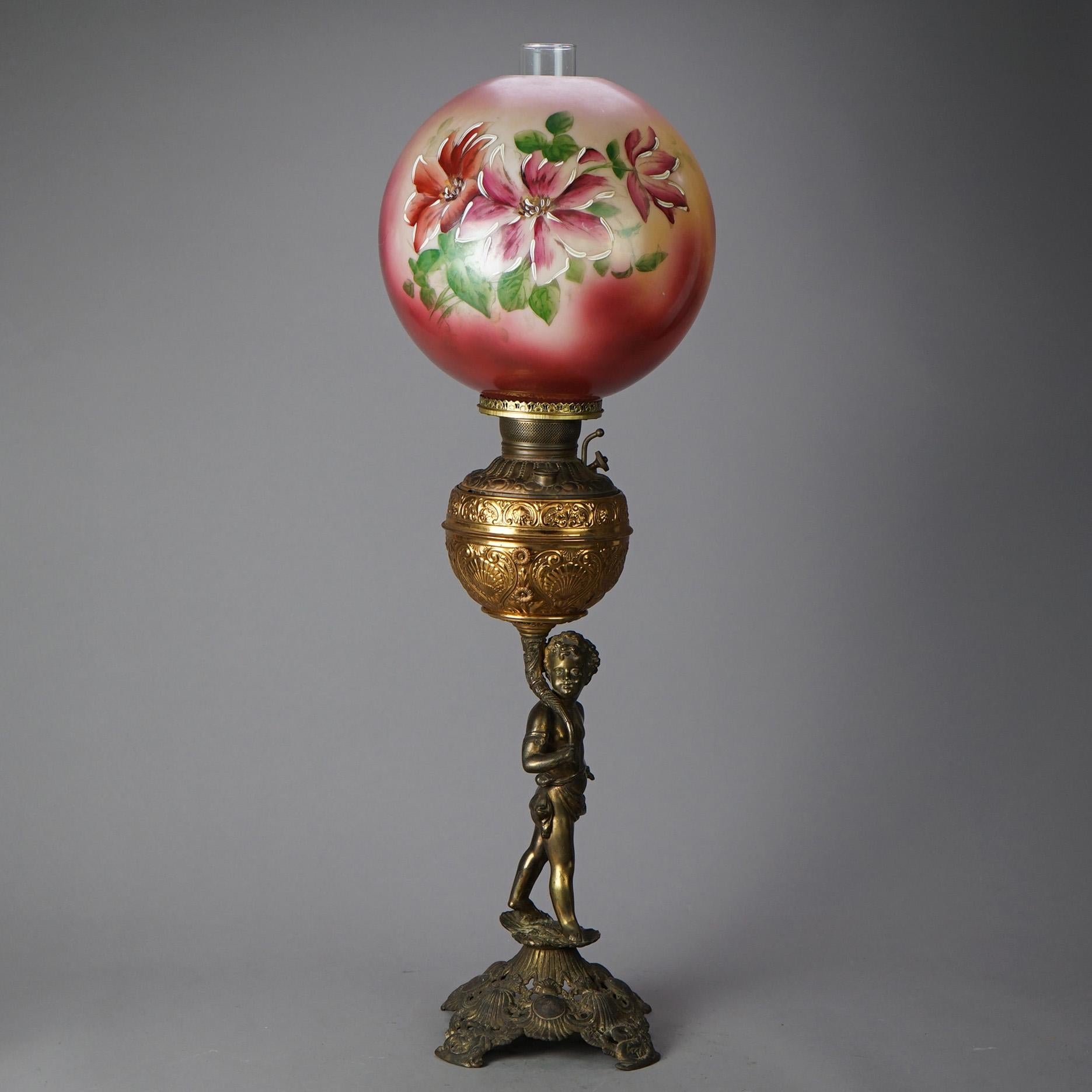Hand-Painted Antique Figural Brass & Gilt Metal Lamp with Hand Painted Shade c1890 For Sale