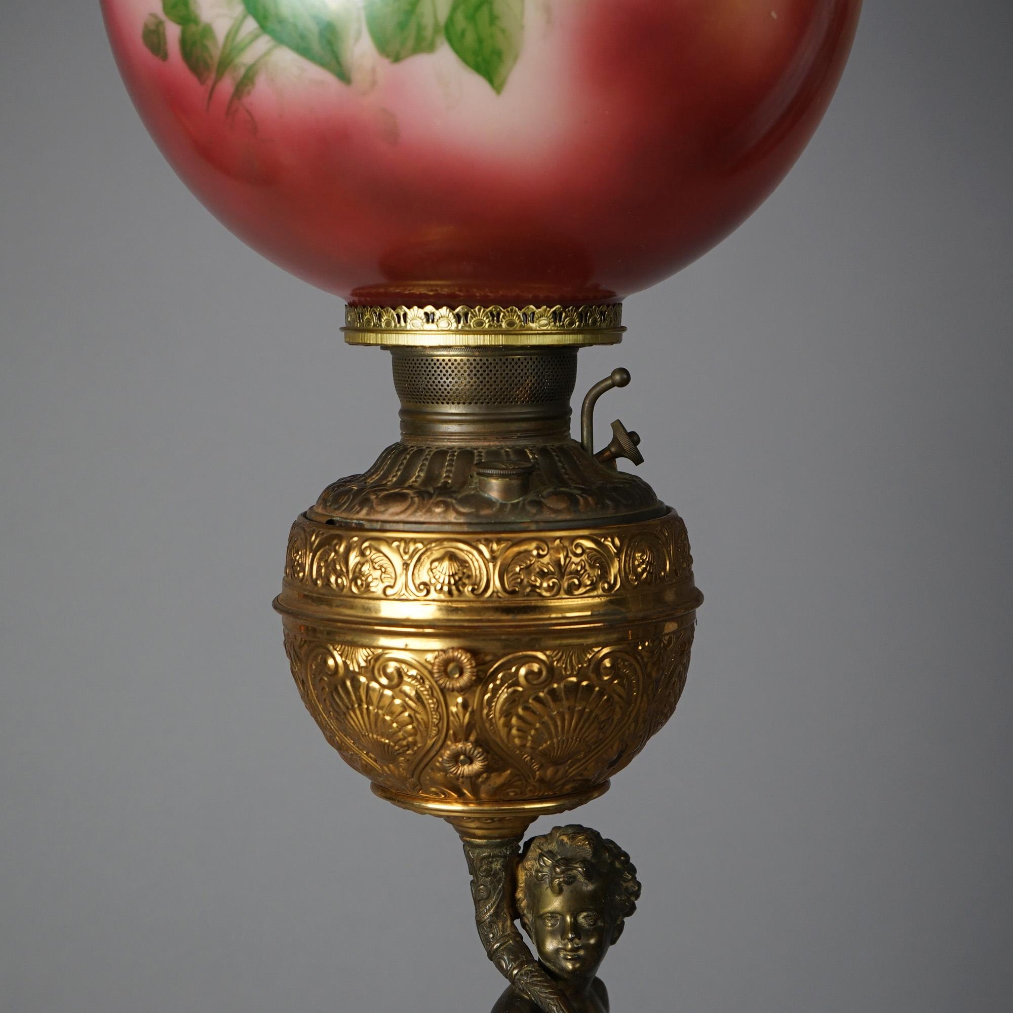 Antique Figural Brass & Gilt Metal Lamp with Hand Painted Shade c1890 For Sale 1
