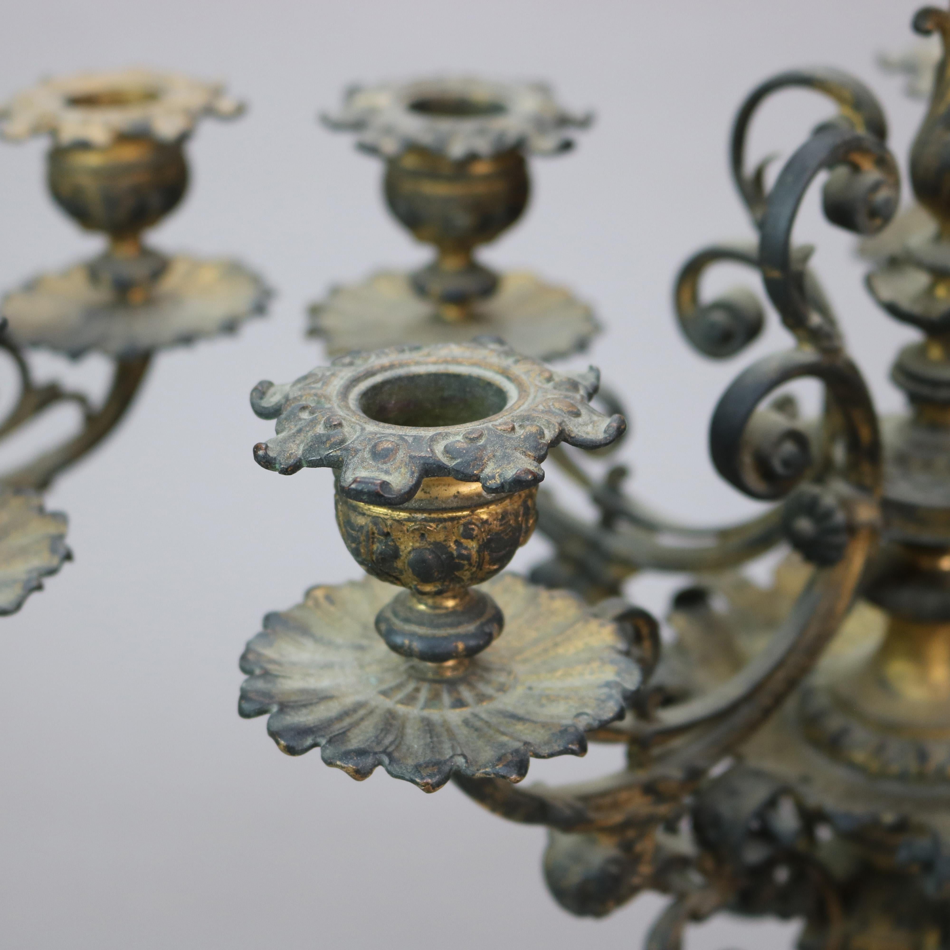 Antique Figural Bronze & Gilt Finish Six-Candle Wind God Candelabras C1890 In Good Condition For Sale In Big Flats, NY