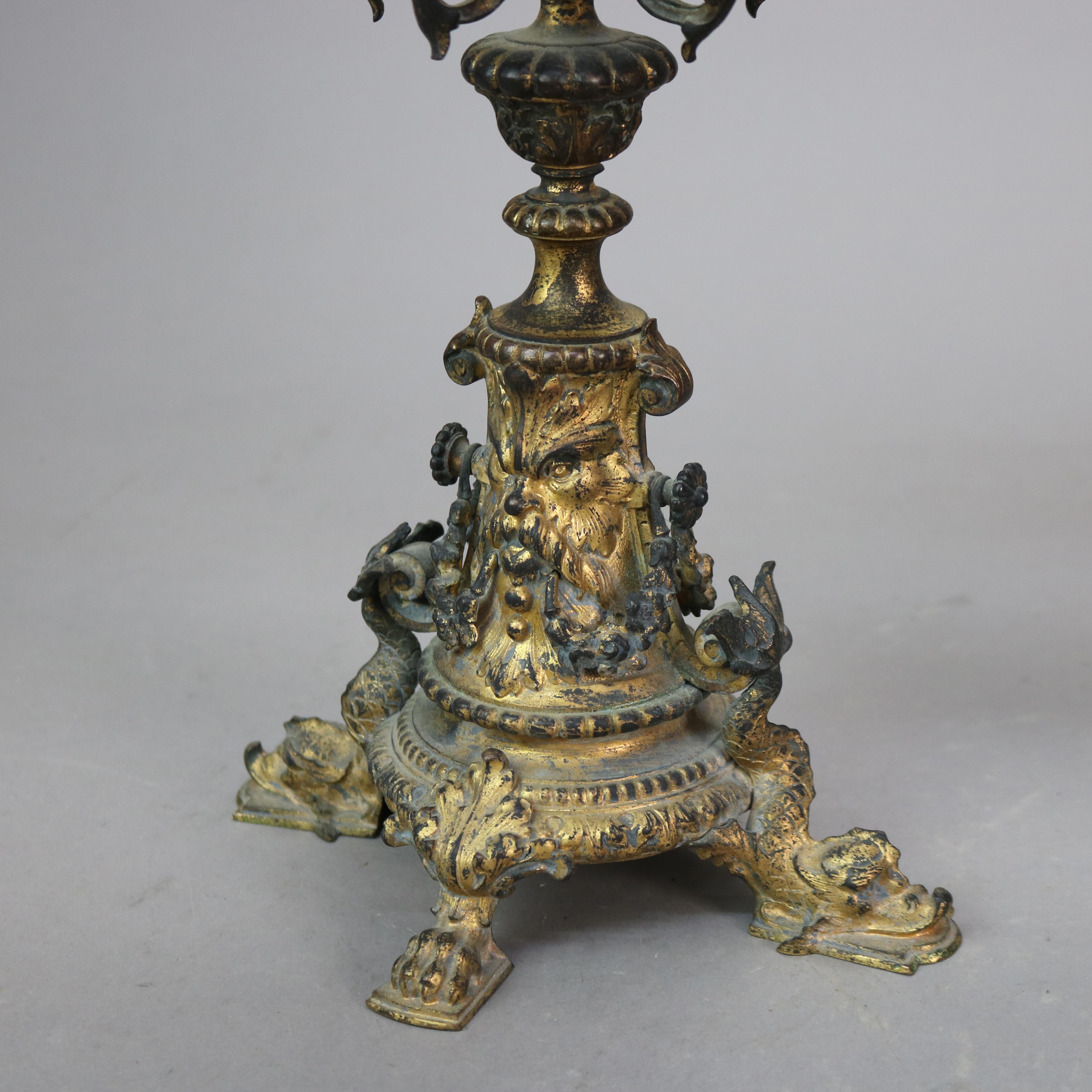 19th Century Antique Figural Bronze & Gilt Finish Six-Candle Wind God Candelabras C1890 For Sale