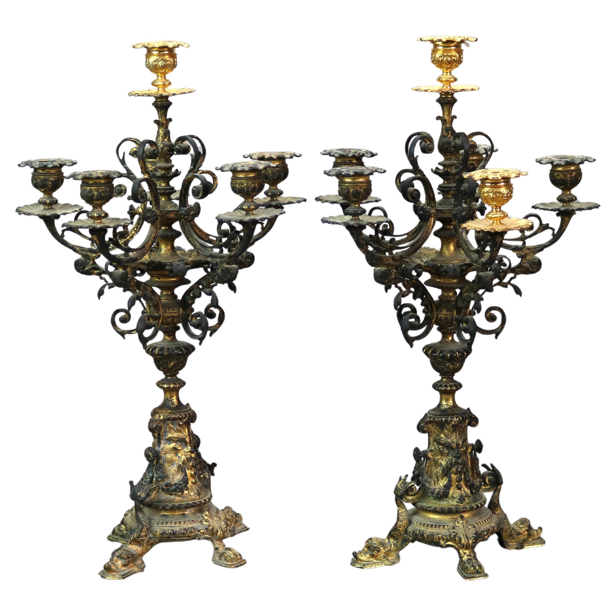 Antique Figural Bronze & Gilt Finish Six-Candle Wind God Candelabras C1890