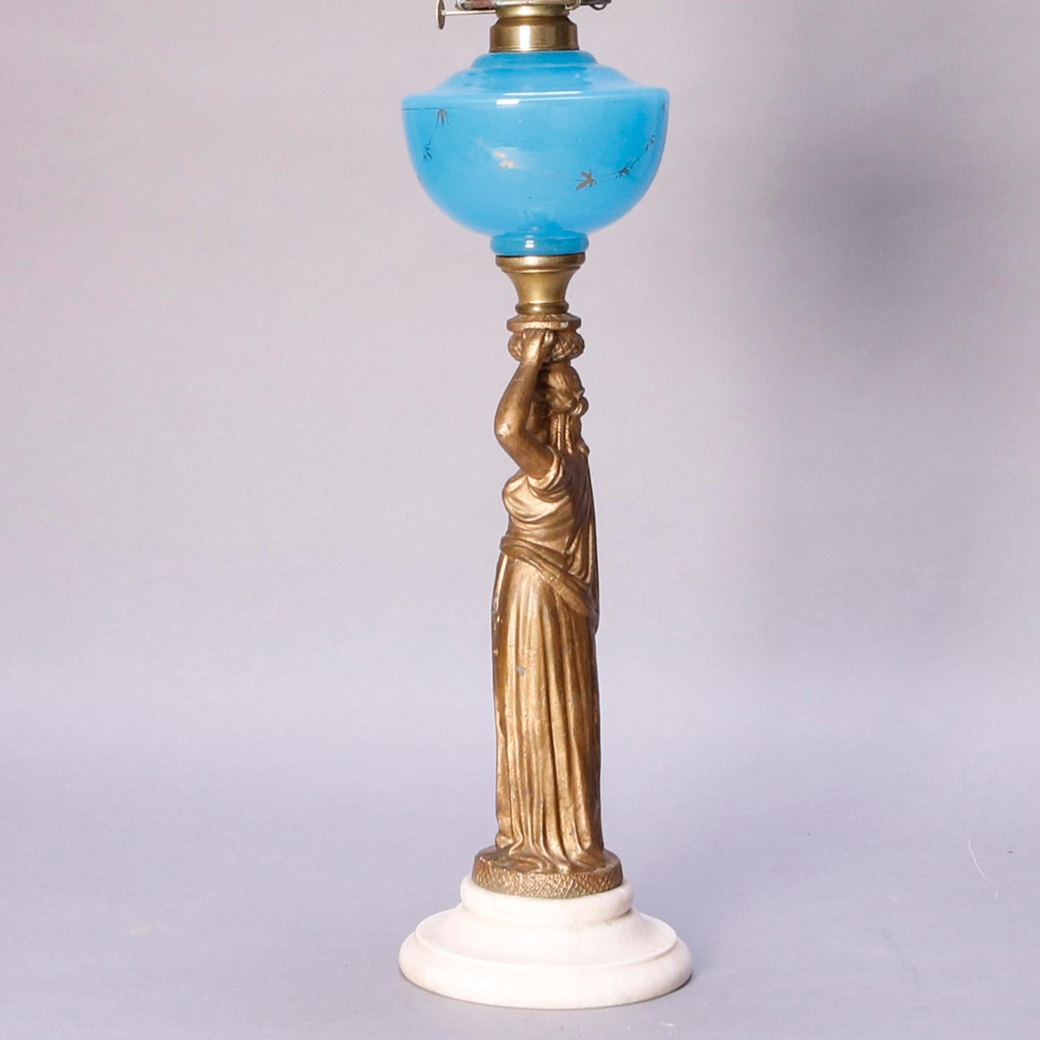 Antique Figural Bronze Gone with the Wind Gilt Art Glass Oil Lamp, circa 1890 3