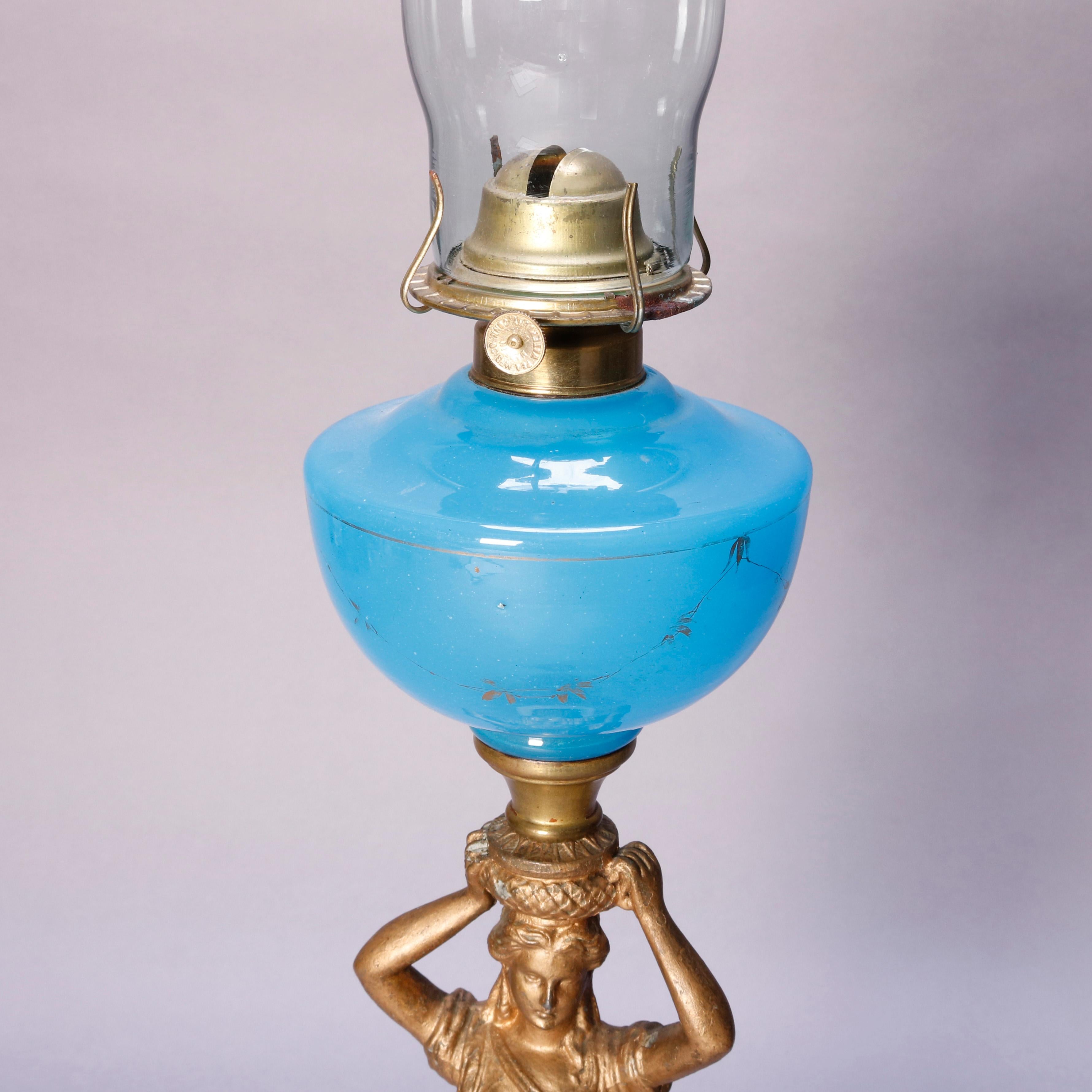Antique Figural Bronze Gone with the Wind Gilt Art Glass Oil Lamp, circa 1890 4
