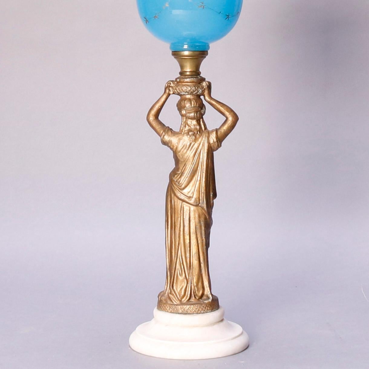 Antique Figural Bronze Gone with the Wind Gilt Art Glass Oil Lamp, circa 1890 6