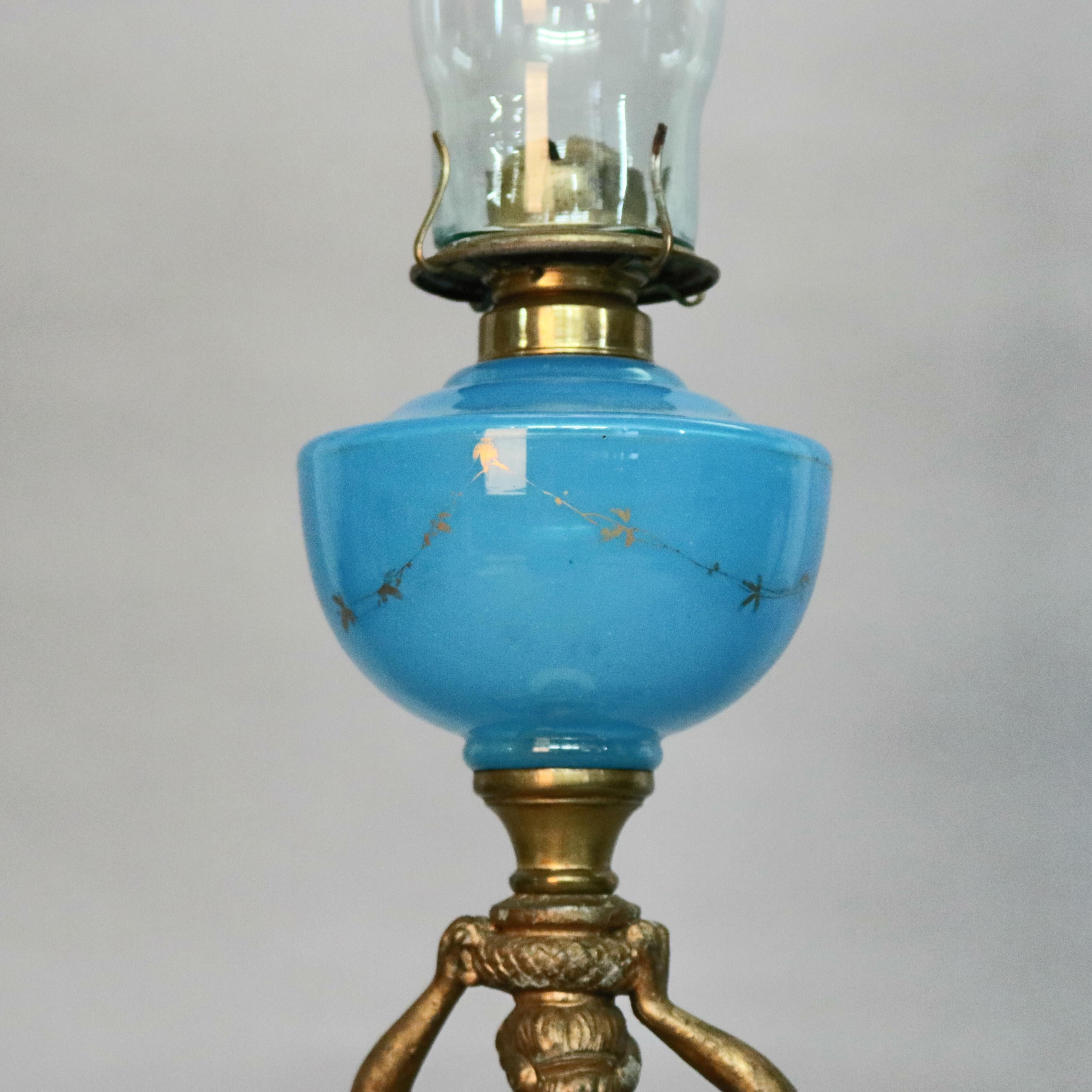 Classical Greek Antique Figural Bronze Gone with the Wind Gilt Art Glass Oil Lamp, circa 1890