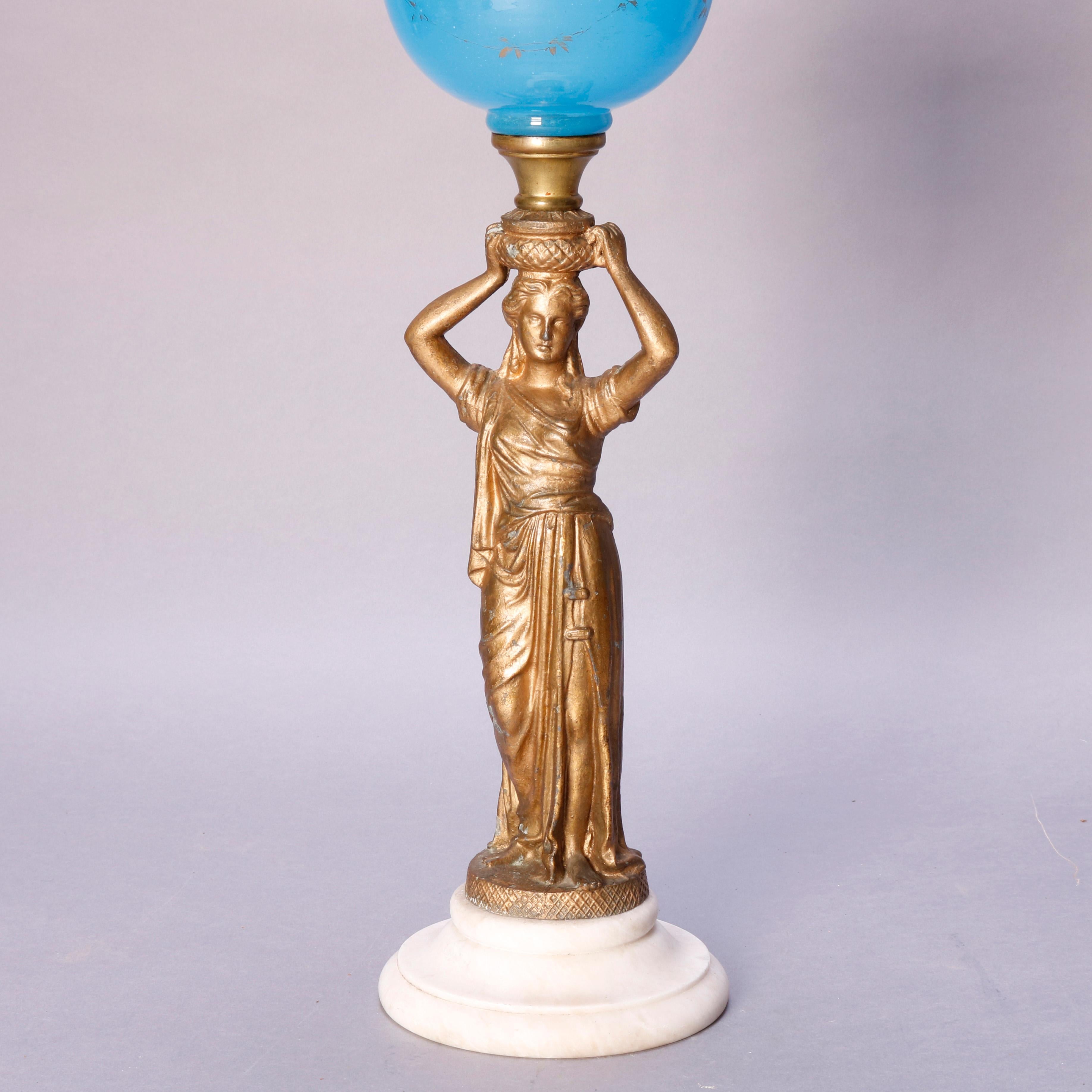 French Antique Figural Bronze Gone with the Wind Gilt Art Glass Oil Lamp, circa 1890