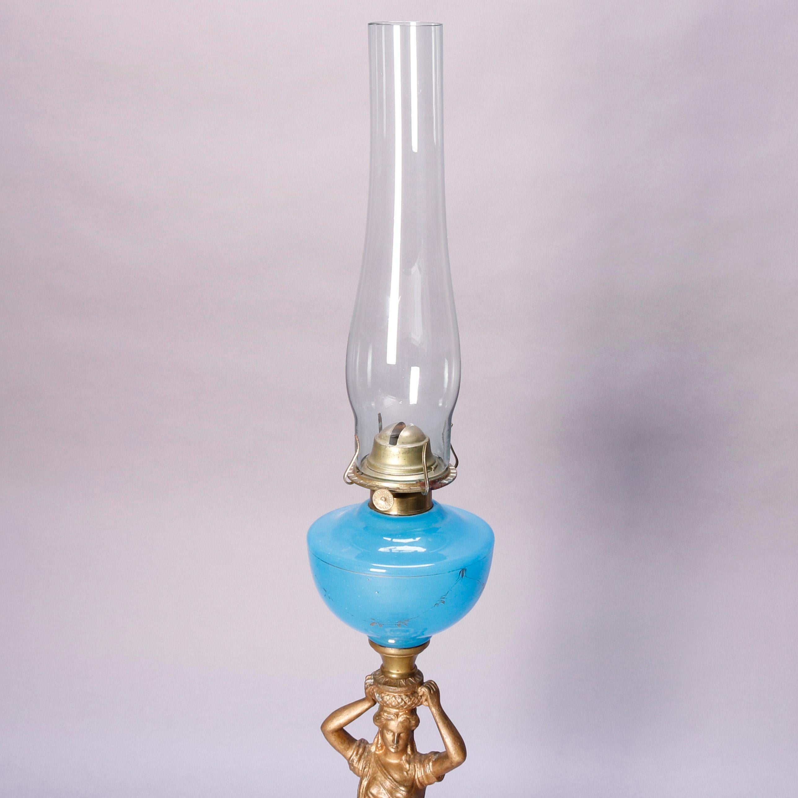 19th Century Antique Figural Bronze Gone with the Wind Gilt Art Glass Oil Lamp, circa 1890