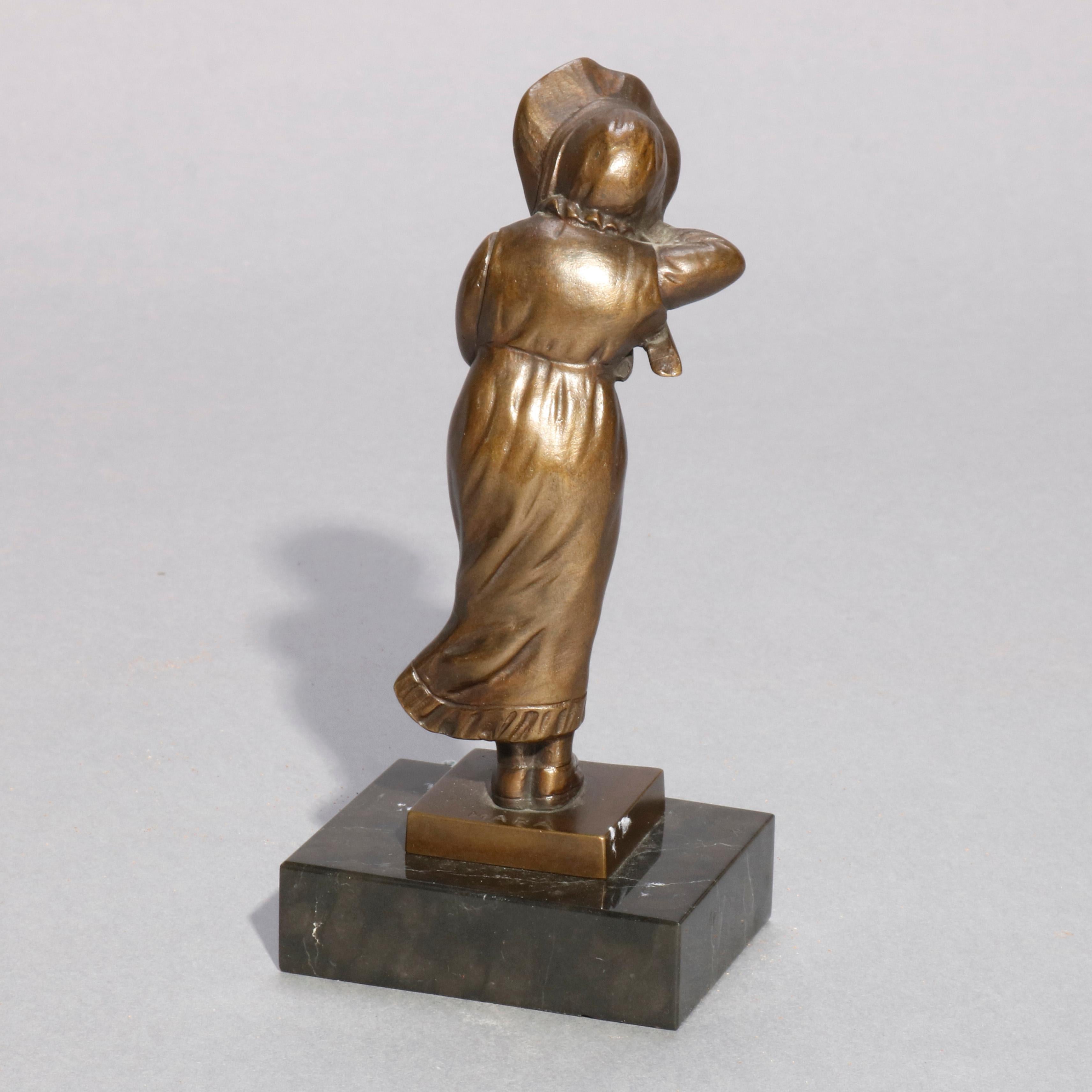 European Antique Figural Bronze Portrait Sculpture of Young Girl, circa 1910 For Sale