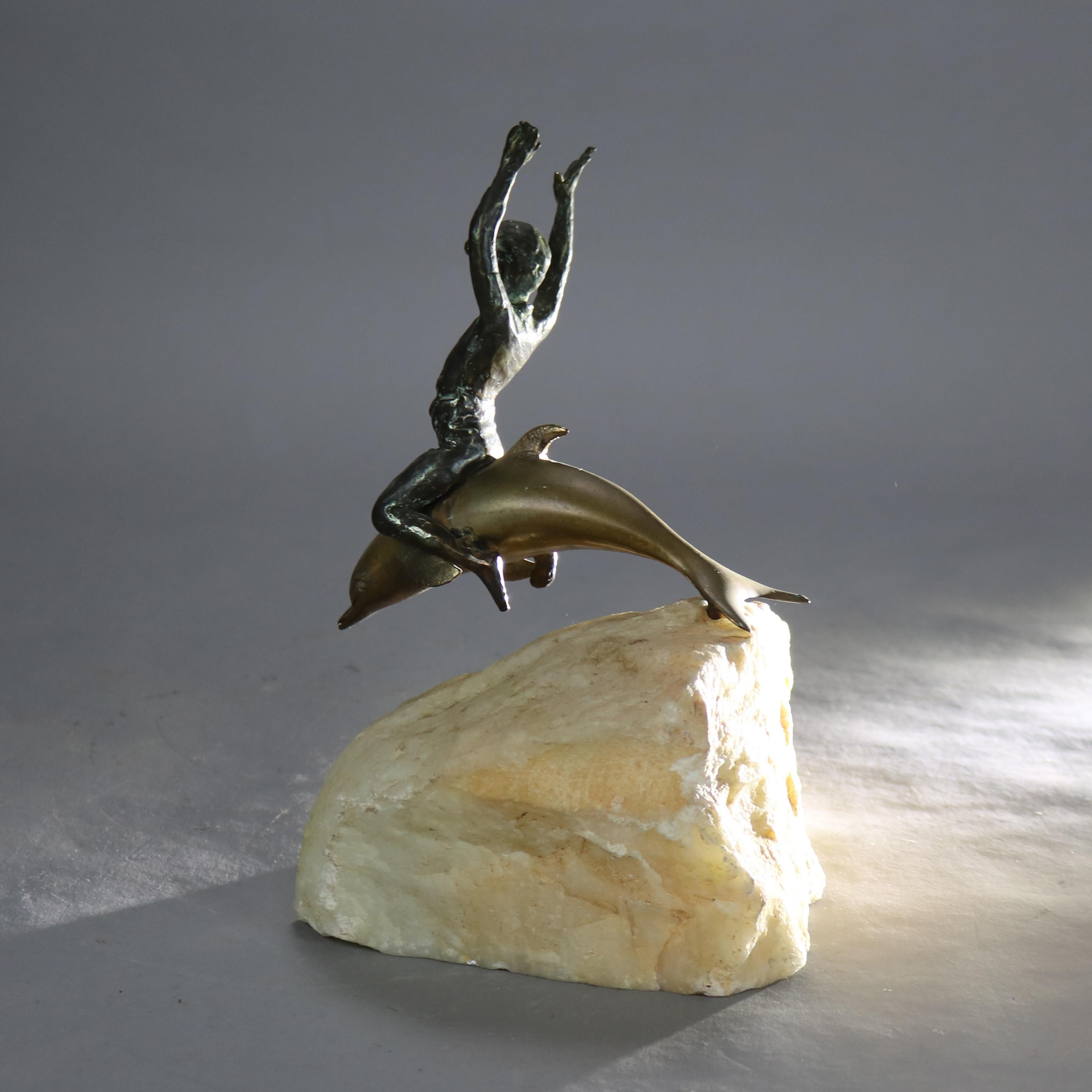 Antique Figural Bronze Sculpture of a Boy Riding a Dolphin C1900 In Good Condition In Big Flats, NY