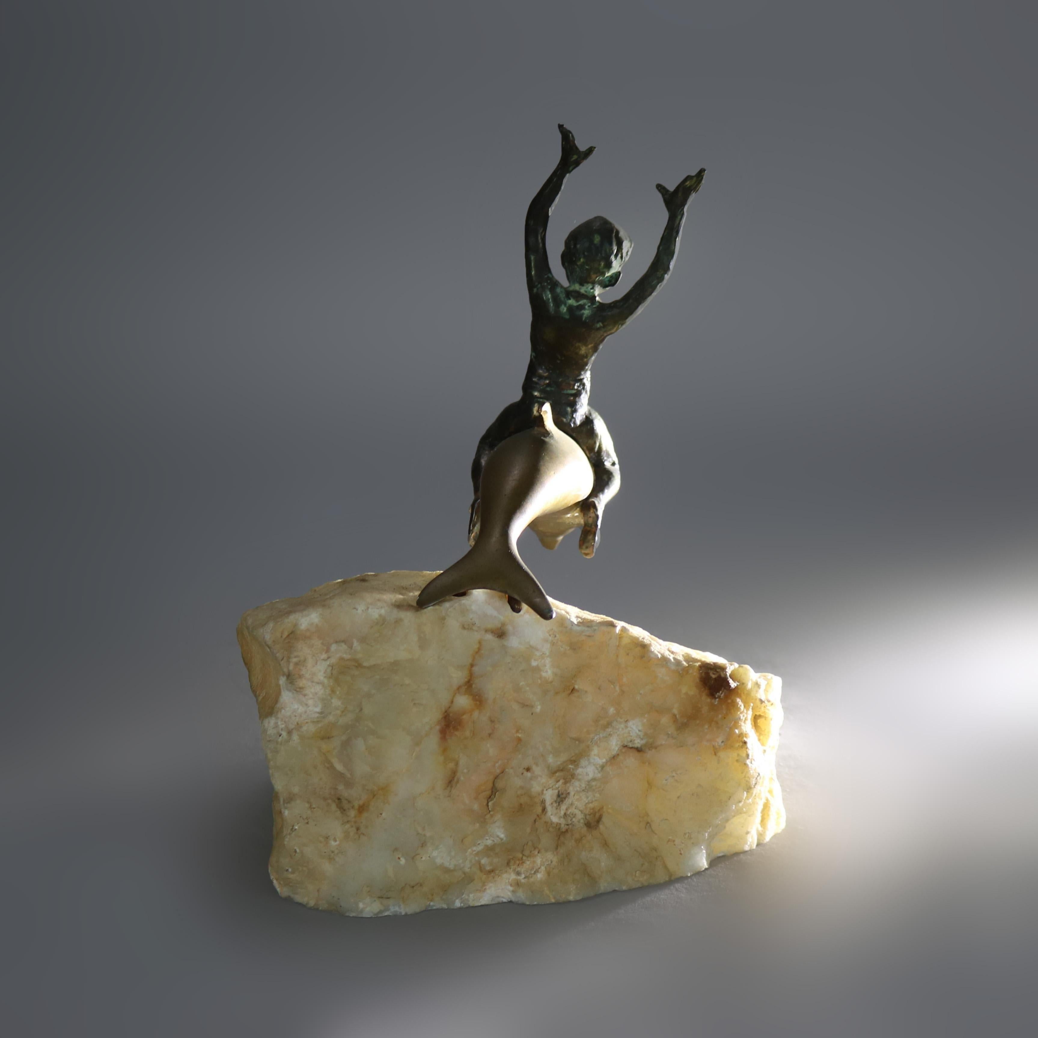 Antique Figural Bronze Sculpture of a Boy Riding a Dolphin C1900 1