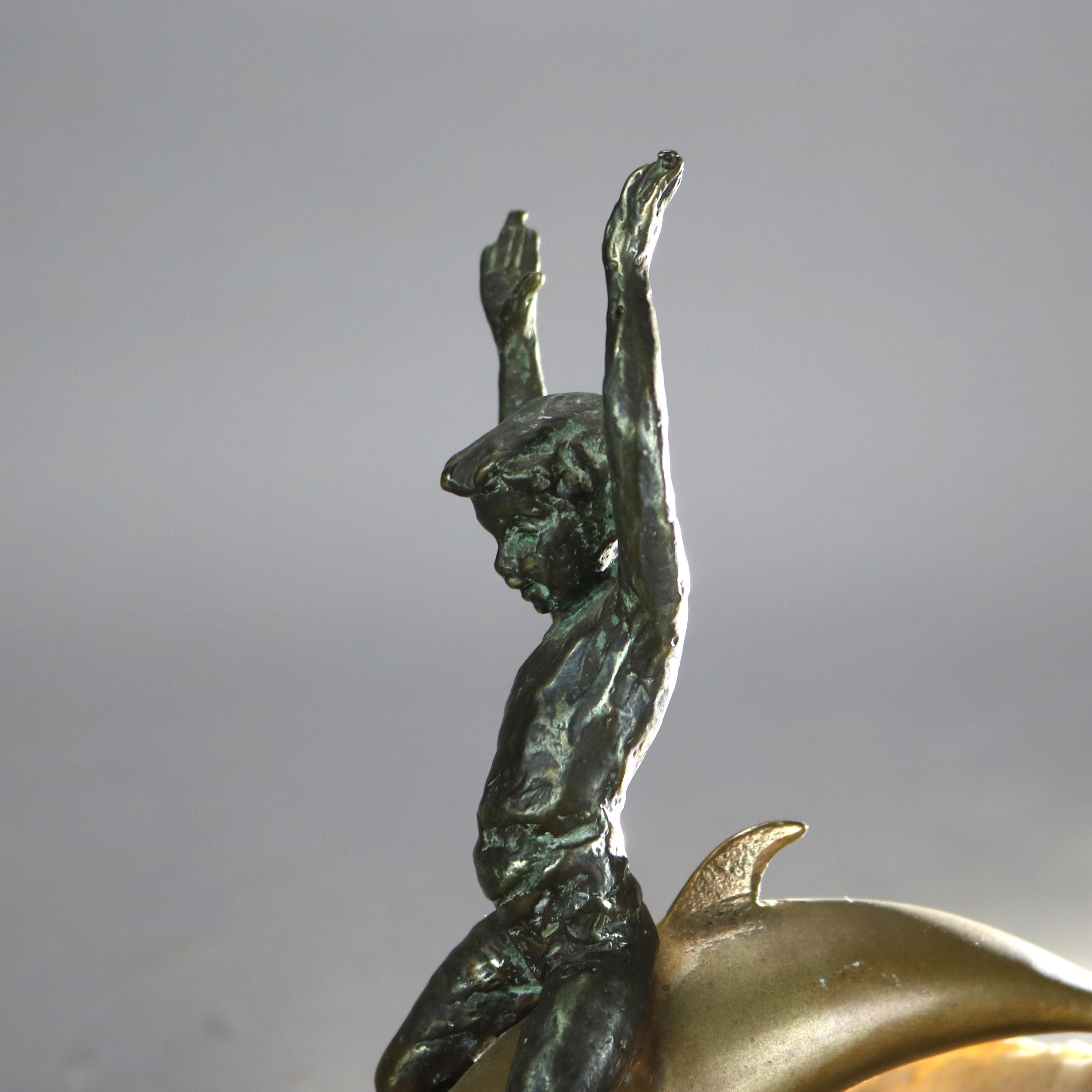 Antique Figural Bronze Sculpture of a Boy Riding a Dolphin C1900 2