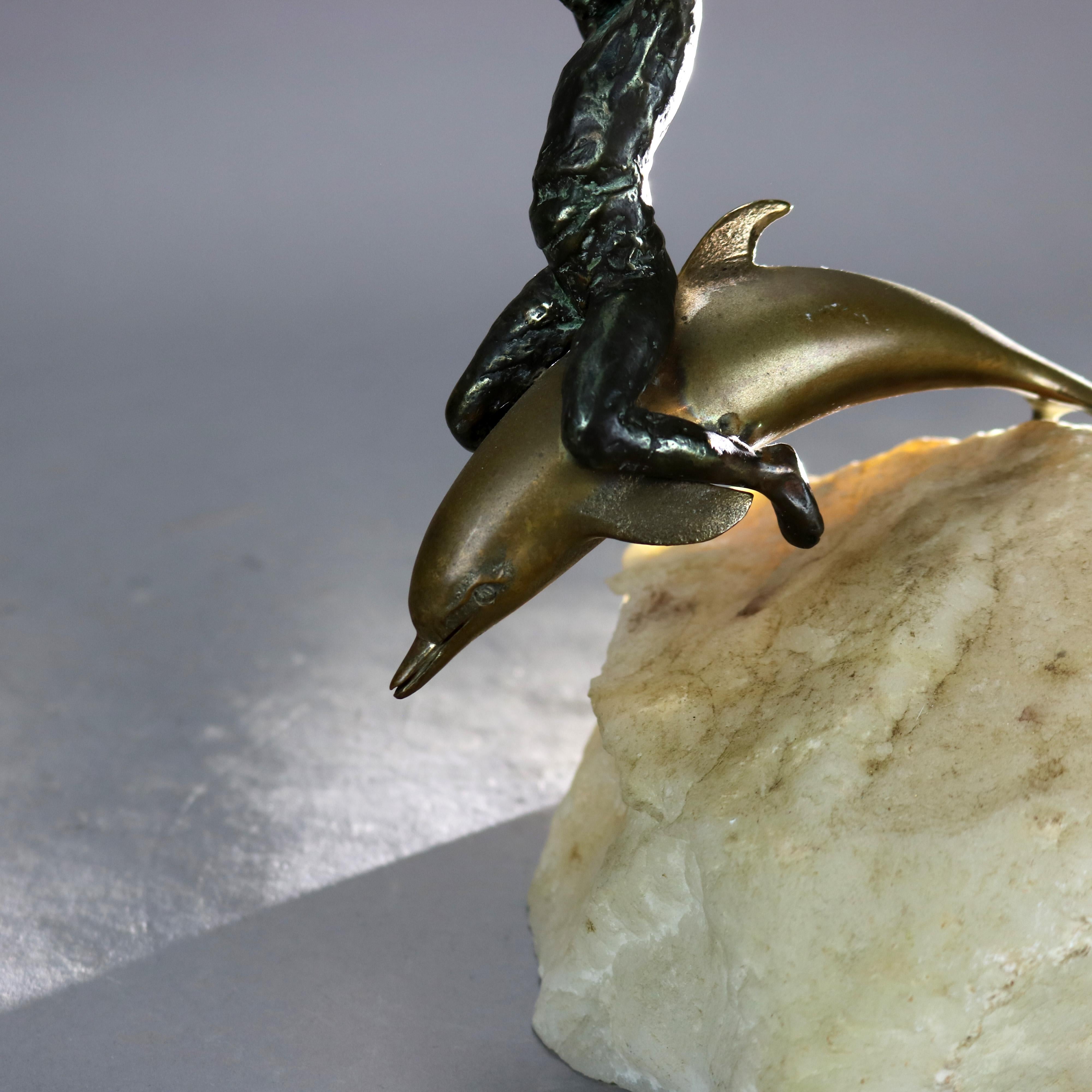 Antique Figural Bronze Sculpture of a Boy Riding a Dolphin C1900 3